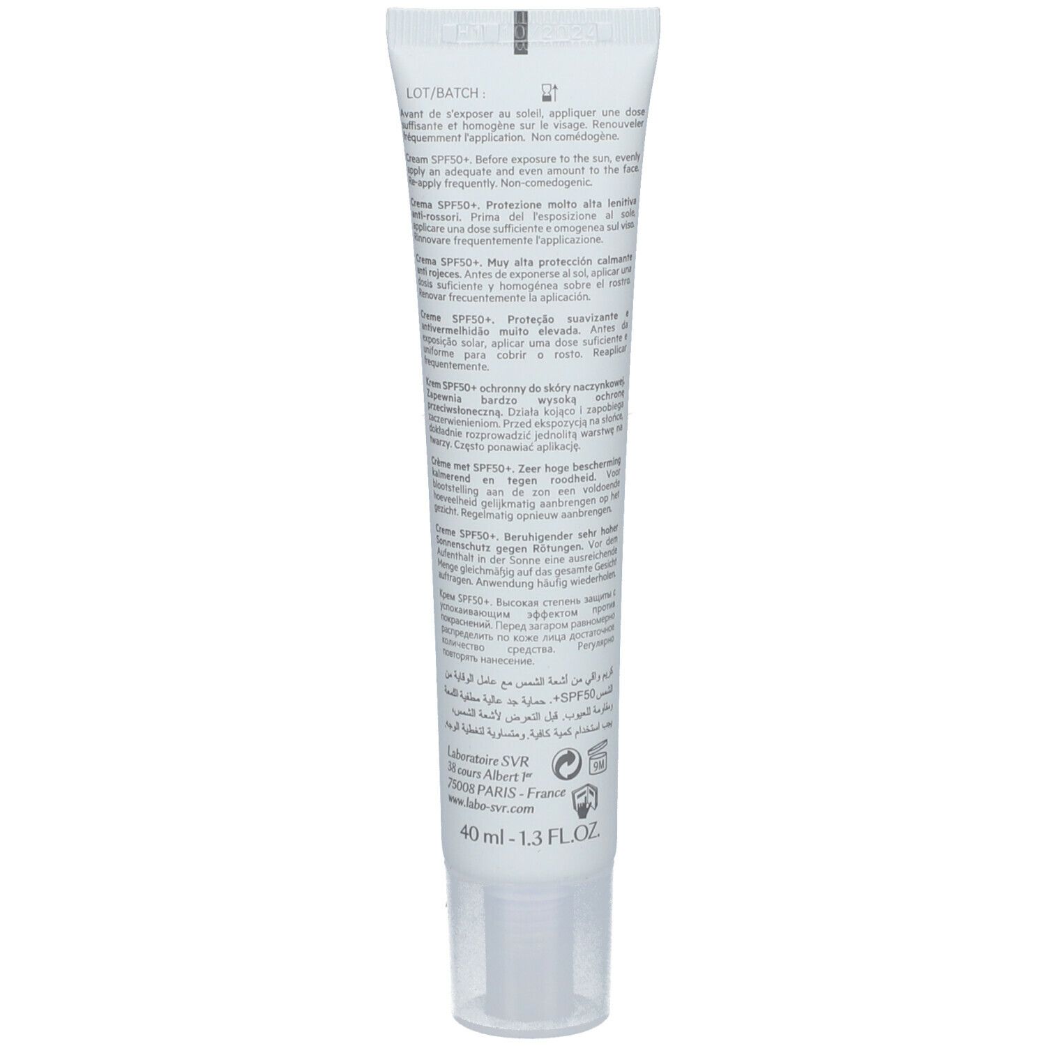 Achterkant van de SVR Sensifine AR Crème SPF50+ tube. Meertalige tekst. 40 ml.