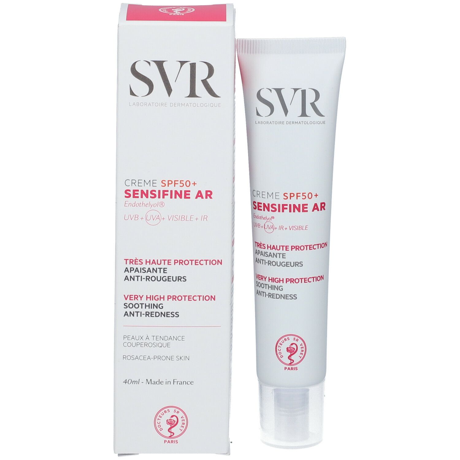 SVR Sensifine AR Crème SPF50+ en verpakking. Witte tube en doos met rode tekst.