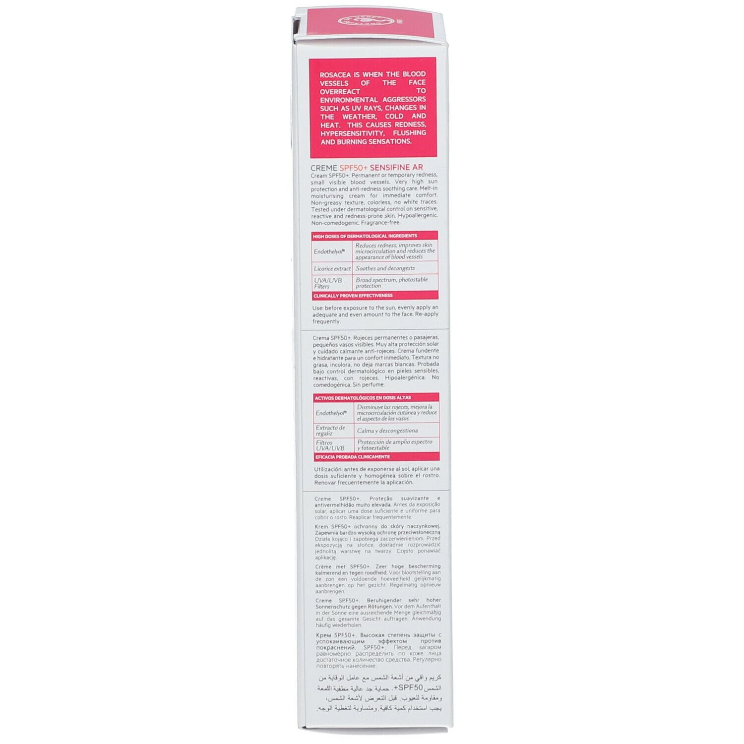 Achterkant van de verpakking van SVR Sensifine AR Crème SPF50+. Meertalige tekst.