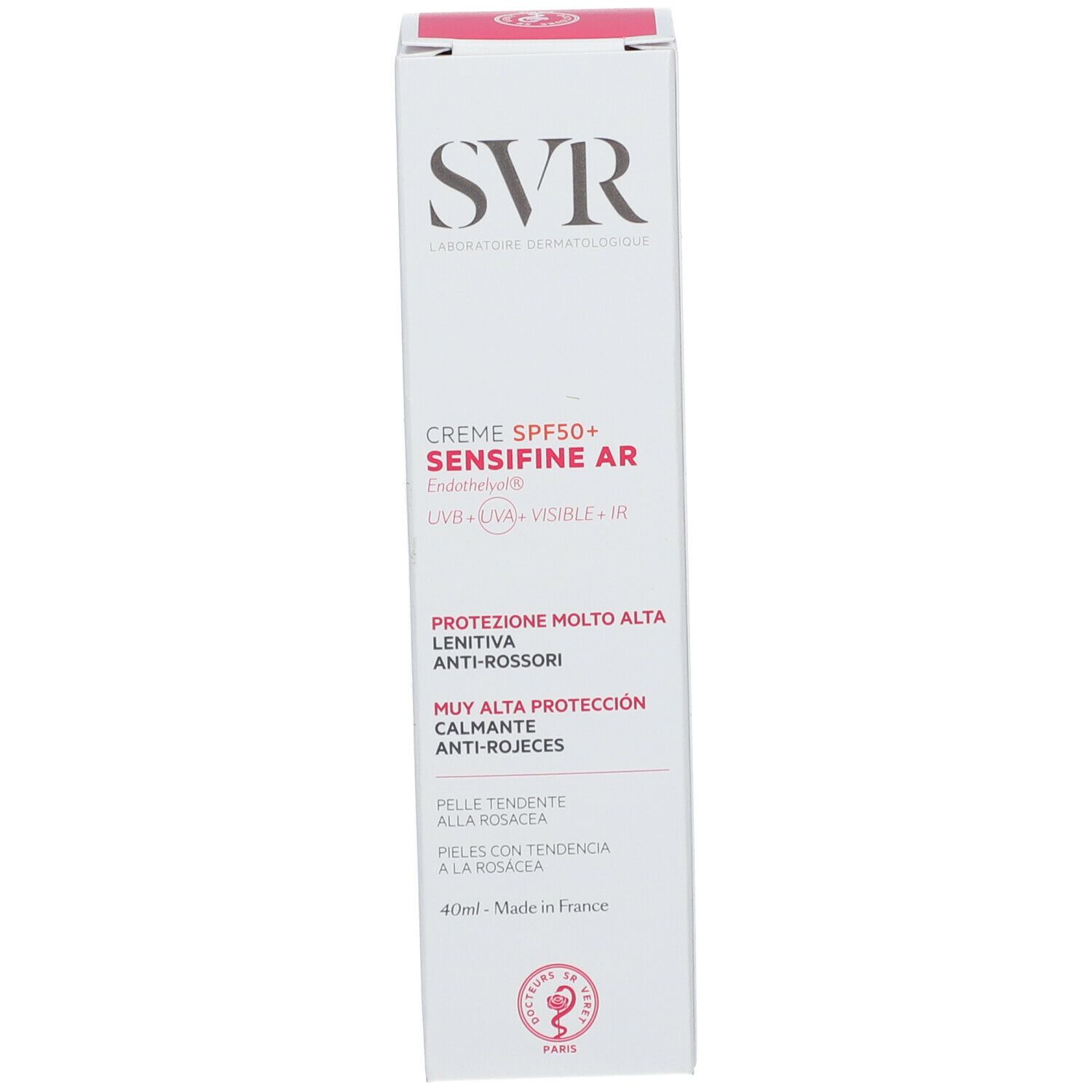 Zijkant van de verpakking van SVR Sensifine AR Crème SPF50+. Meertalige tekst.