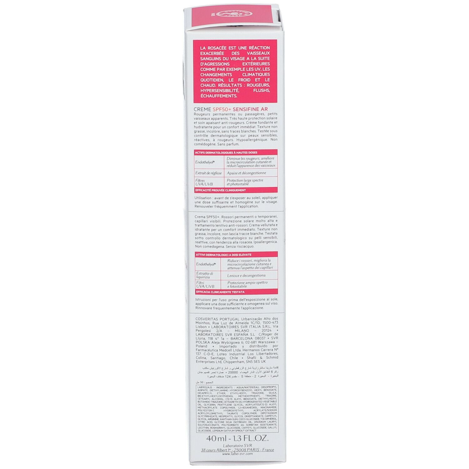 Zijkant van de verpakking van SVR Sensifine AR Crème SPF50+. Meertalige tekst.