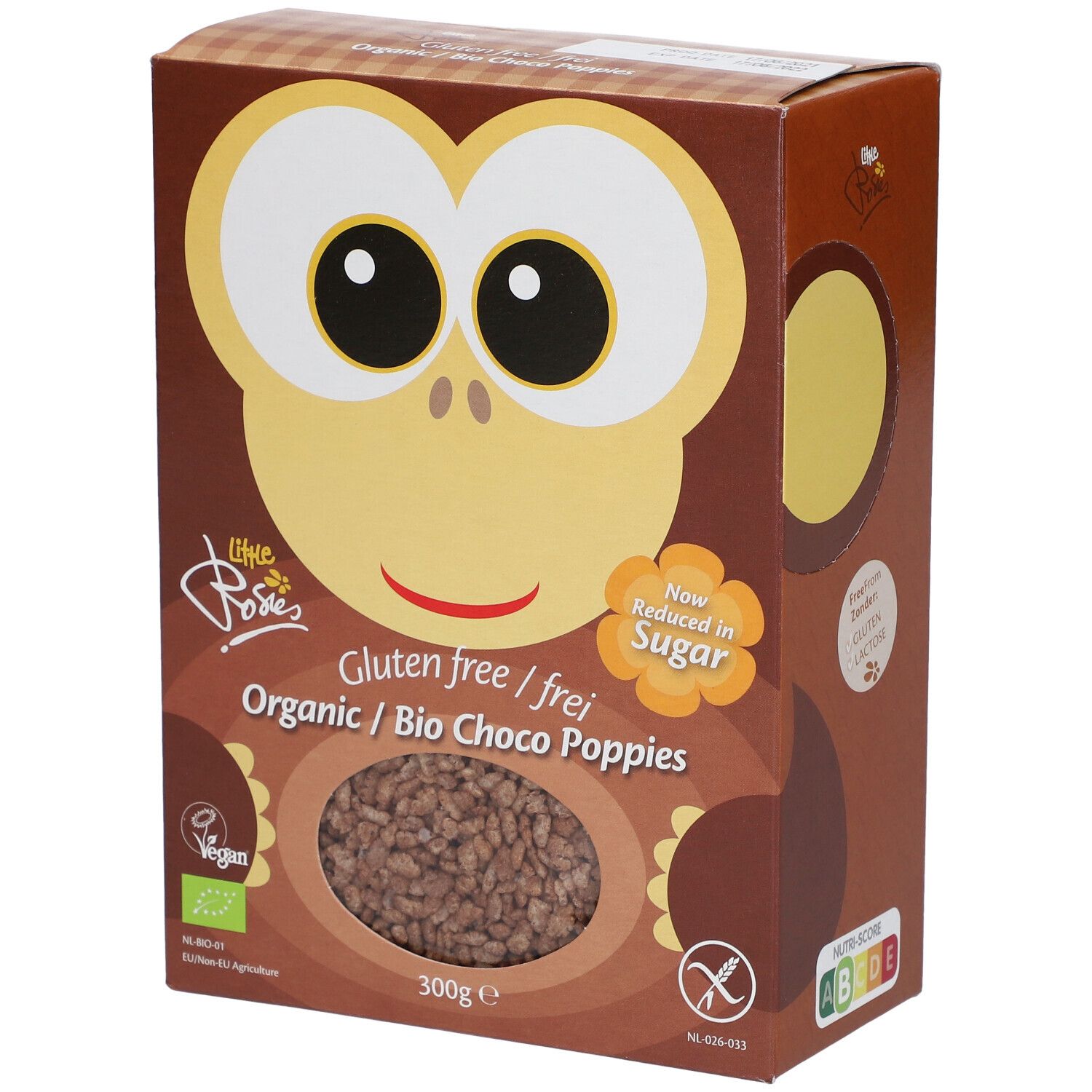 Verpakking van Bio-Getreide Choco Poppies. Transparant venster met product. Opschrift: Glutenvrij, Bio, 300g. Illustratie van een apengezicht.