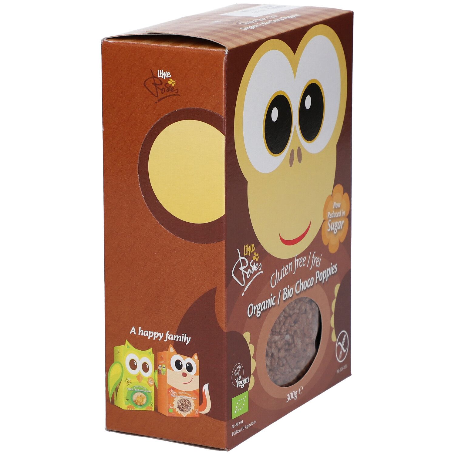 Verpakking van Bio-Getreide Choco Poppies. Zijaanzicht met apengezicht-illustratie. Tekst: Glutenvrij, Bio. Product zichtbaar door venster.
