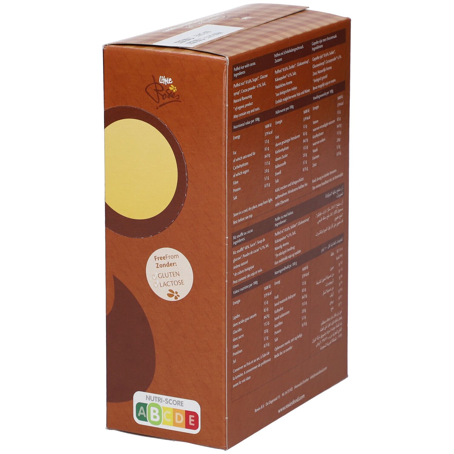 Zijaanzicht van de verpakking van Bio-Getreide Choco Poppies. Bevat voedingsinformatie en tekst. Logo glutenvrij en lactosevrij.