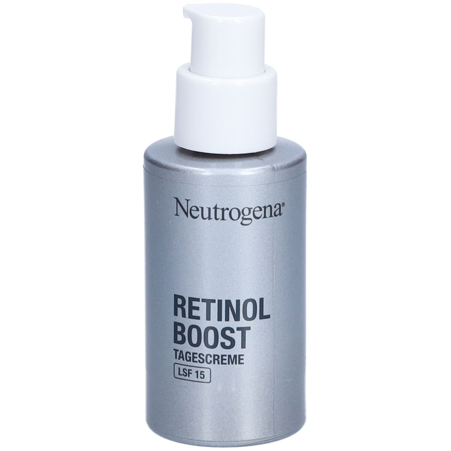 Neutrogena Retinol Boost Crème de jour SPF 15. Flacon argenté avec pompe blanche.