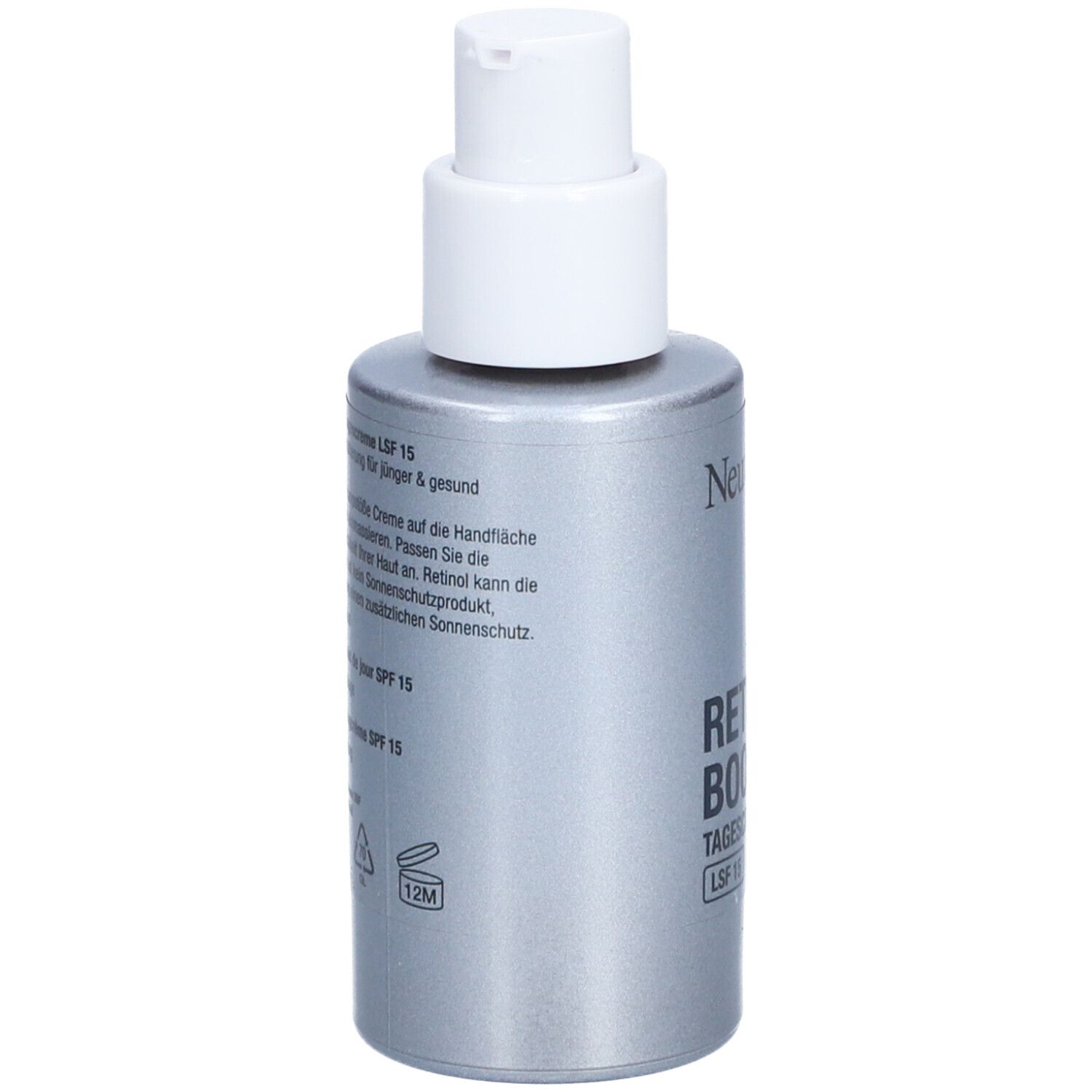Dos de la crème de jour Neutrogena Retinol Boost SPF 15. Texte et symboles.