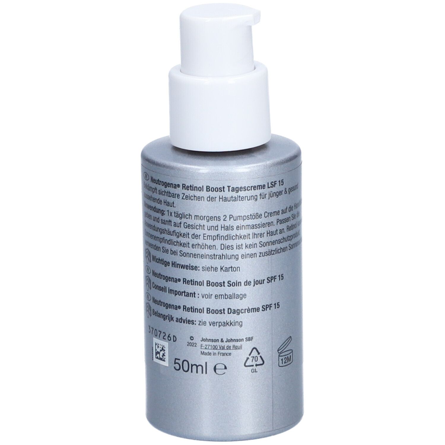 Dos de la crème de jour Neutrogena Retinol Boost SPF 15. Texte et symboles.