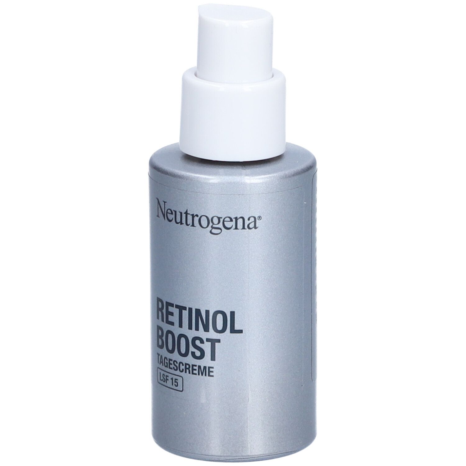 Neutrogena Retinol Boost Crème de jour SPF 15. Flacon argenté avec pompe blanche.