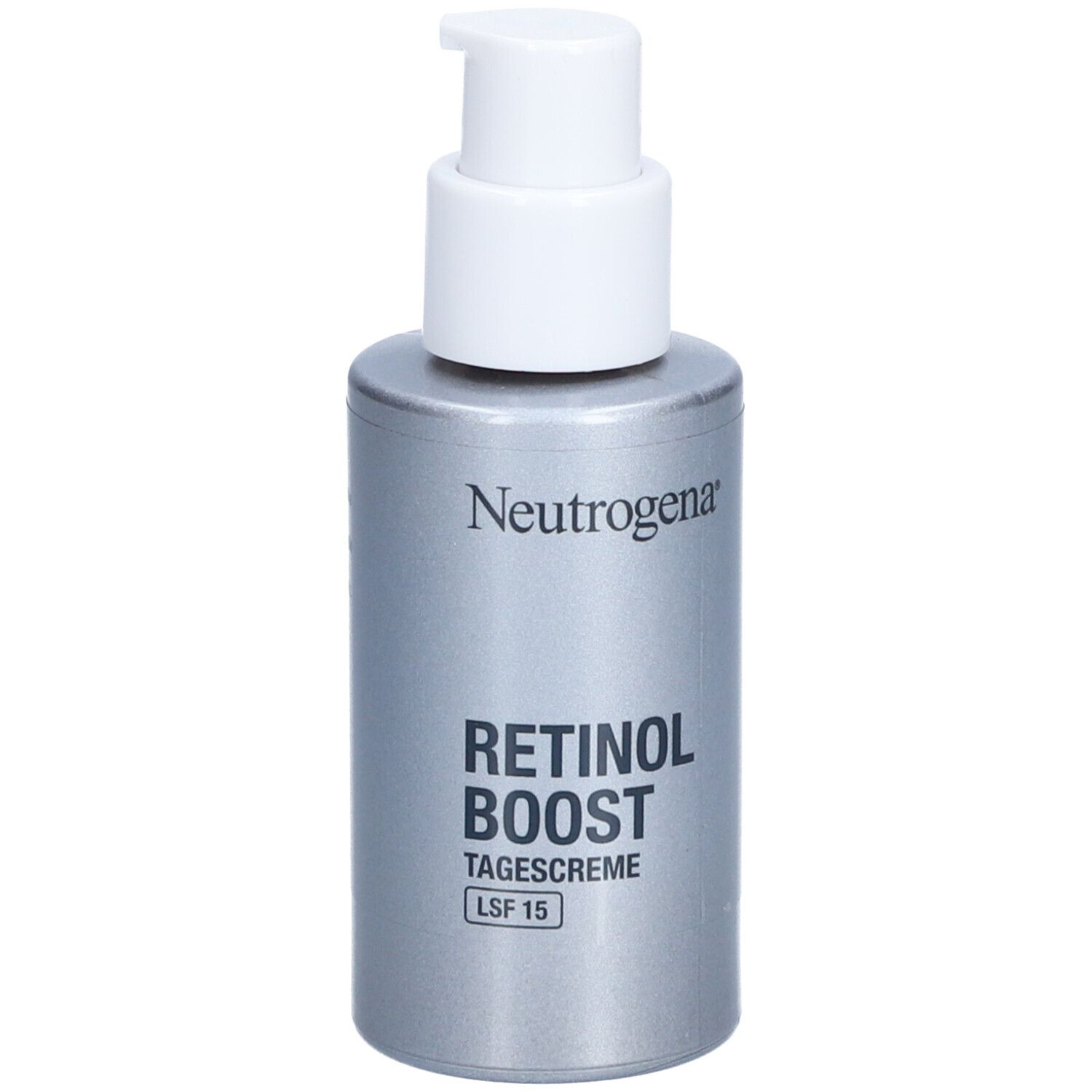 Neutrogena Retinol Boost Crème de jour SPF 15. Flacon argenté avec pompe blanche.