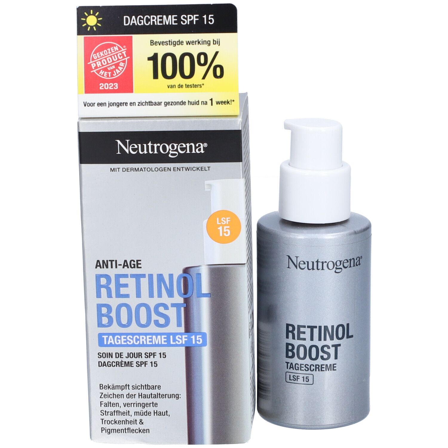 Neutrogena Retinol Boost Crème de jour SPF 15 et emballage. Boîte blanche.