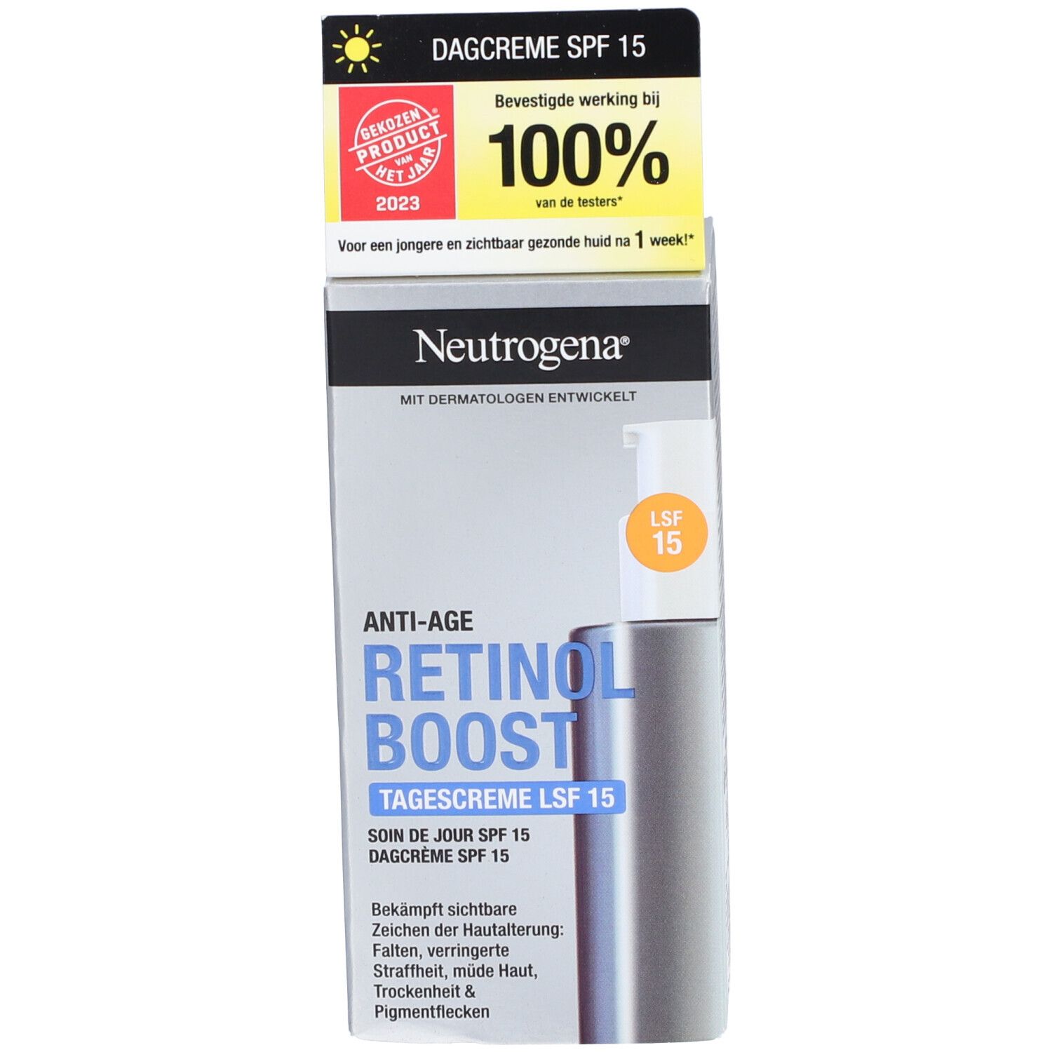 Neutrogena Retinol Boost Crème de jour SPF 15 et emballage. Boîte blanche.
