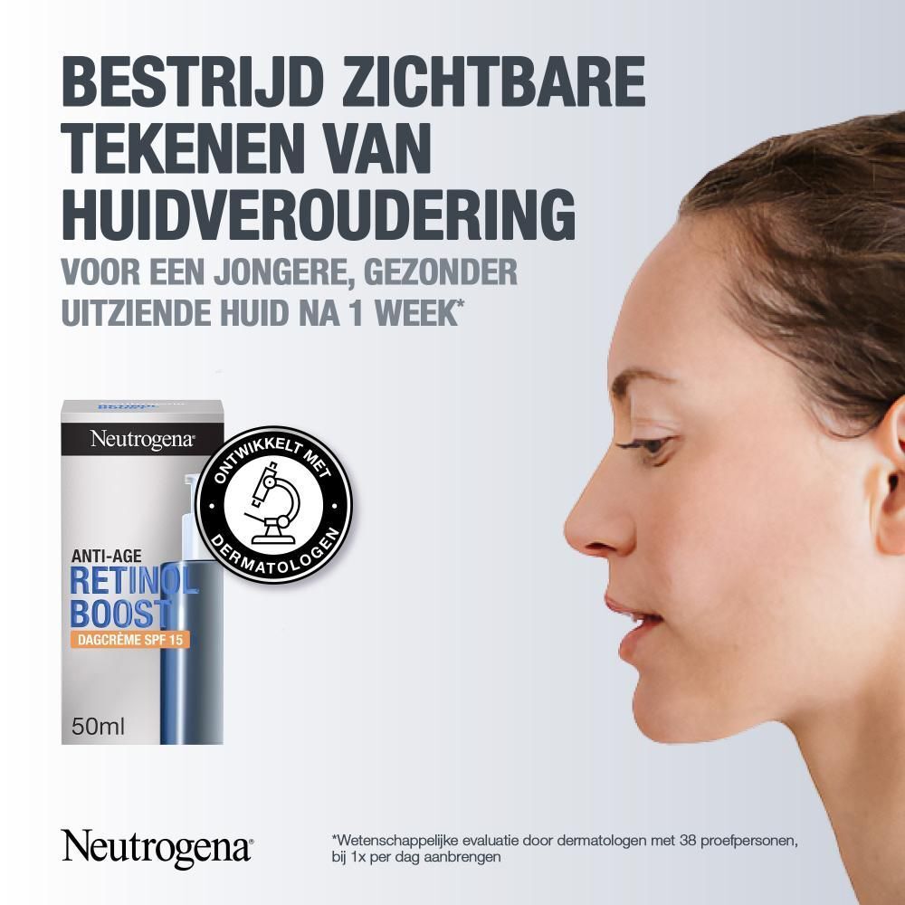 Vrouw en Neutrogena Retinol Boost. Tekst: Bestrijdt tekenen van huidveroudering.