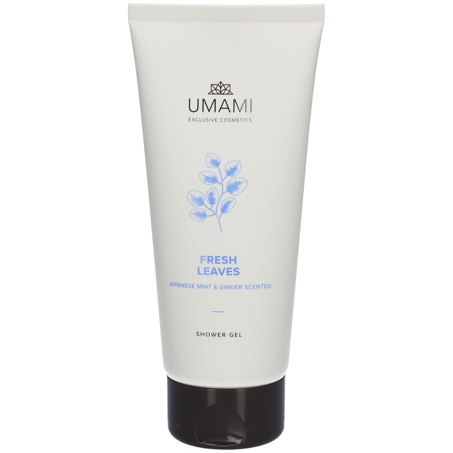 Tube de gel douche blanche avec bouchon noir. Illustration de feuilles bleues. Texte: Fresh Leaves, Japanese Mint & Ginger Scented.