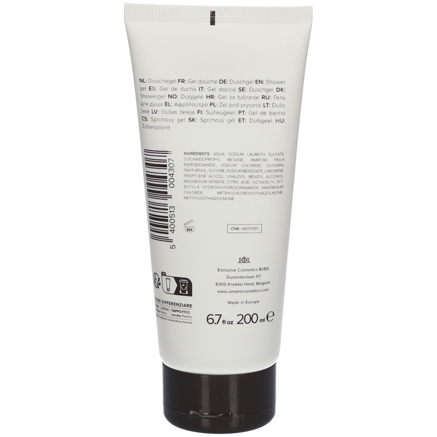 Dos du tube de gel douche. Texte: Ingrédients, 6.7 fl oz 200ml, Made in Europe. Code-barres et désignations multilingues.