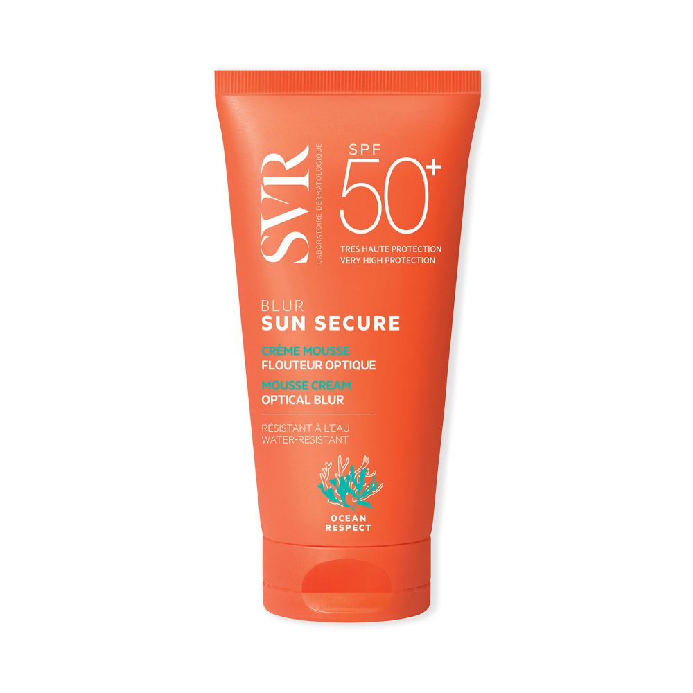 Tube orange SVR Sun Secure Blur LSF50+. Crème mousse, flouteur optique, résistant à l'eau. SPF 50+.