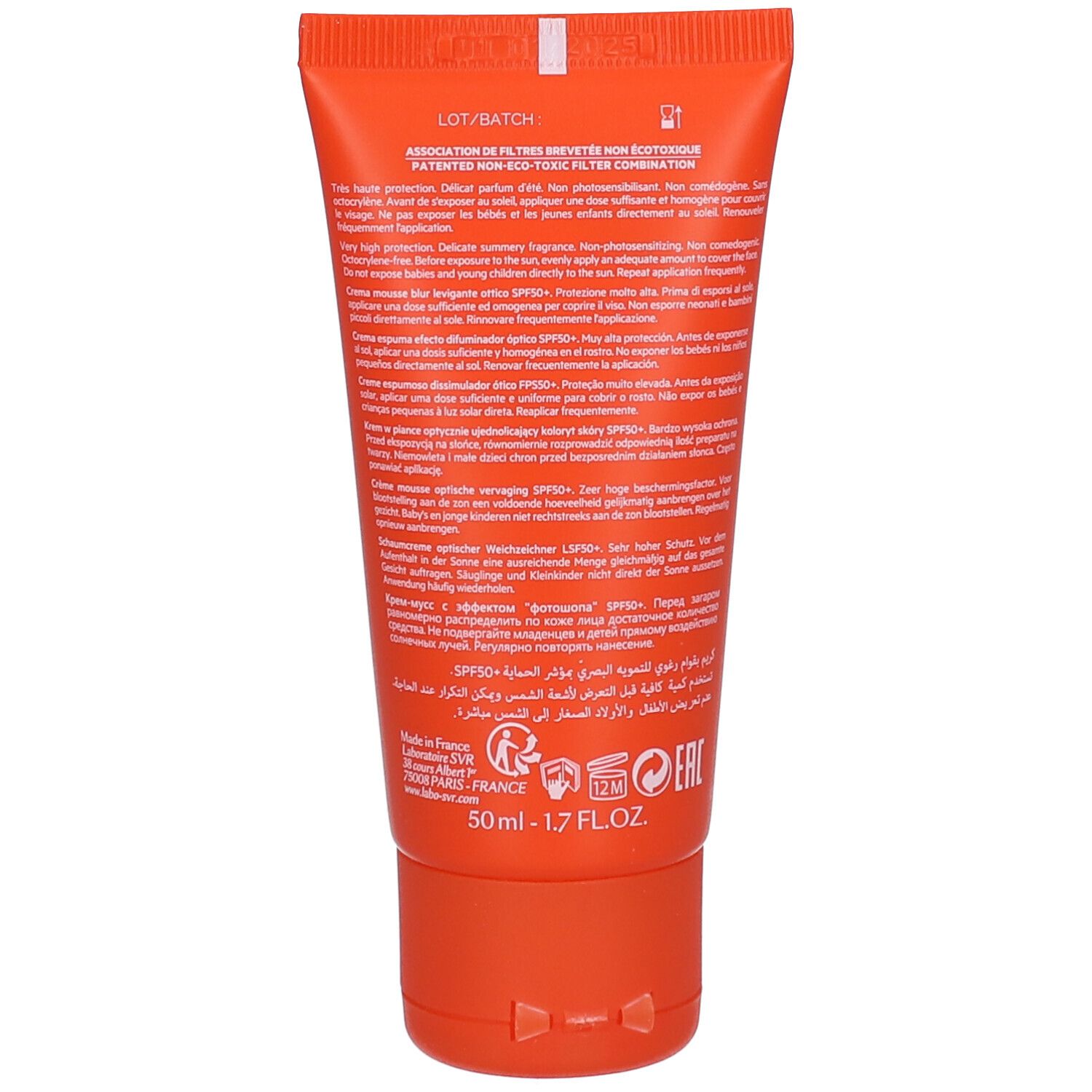 Rückseite der SVR Sun Secure Blur LSF50+ Tube. Text: 50ml, 1.7 FL.OZ. Informationen in mehreren Sprachen.