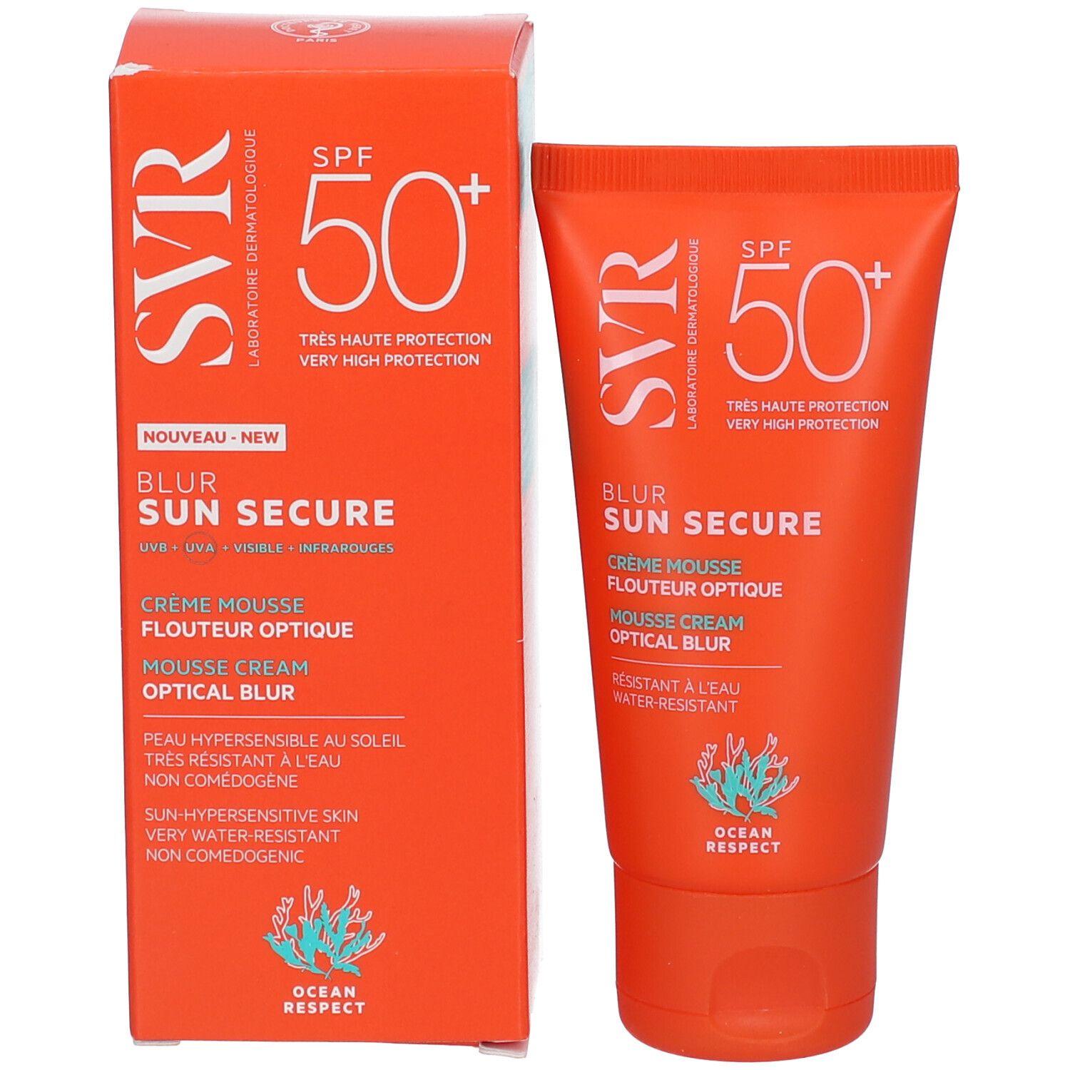SVR Sun Secure Blur LSF50+ Tube und Schachtel. Text: Creme Mousse, Optical Blur. SPF 50+.