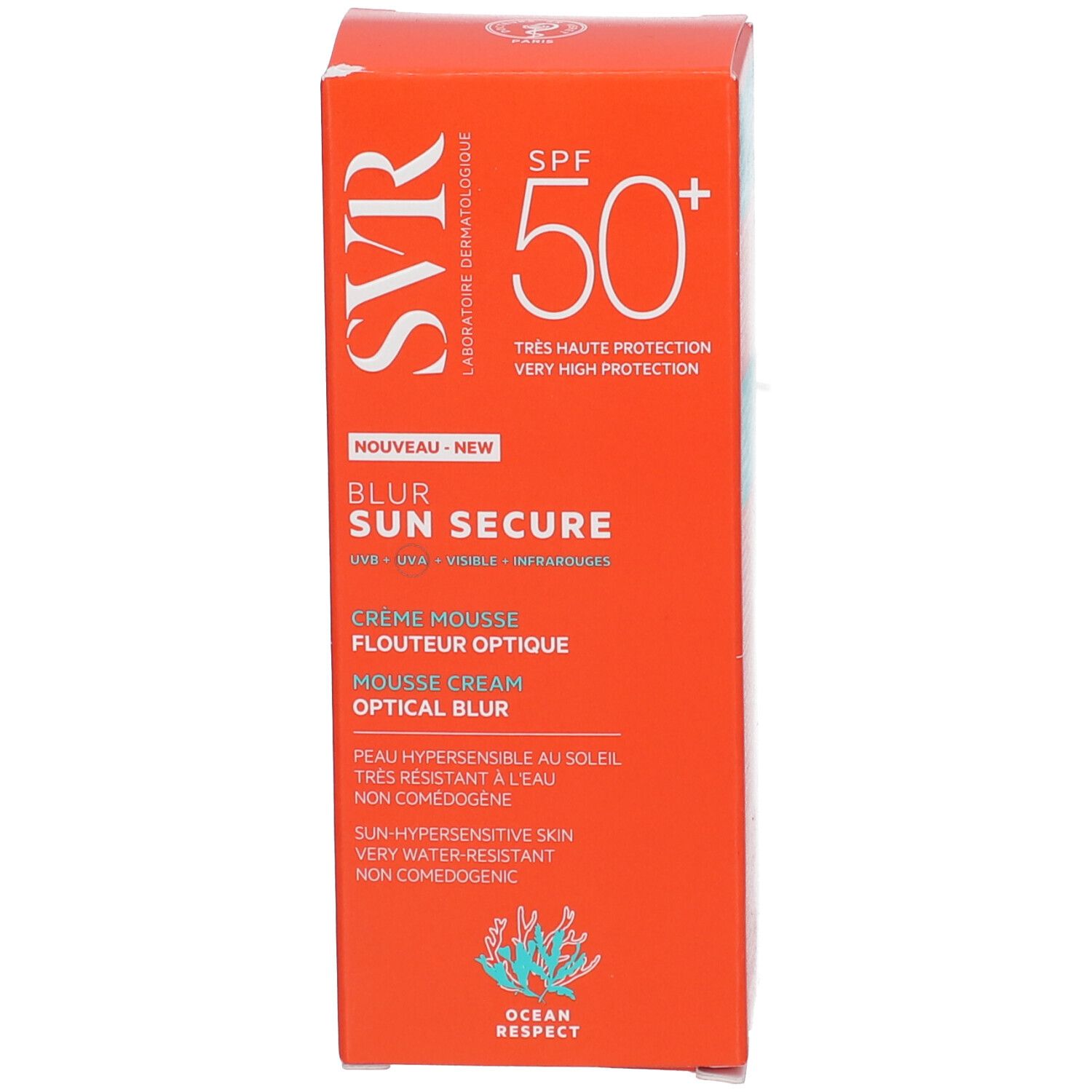 Orange Schachtel mit SVR Sun Secure Blur LSF50+. Text: Creme Mousse, Optical Blur. SPF 50+.