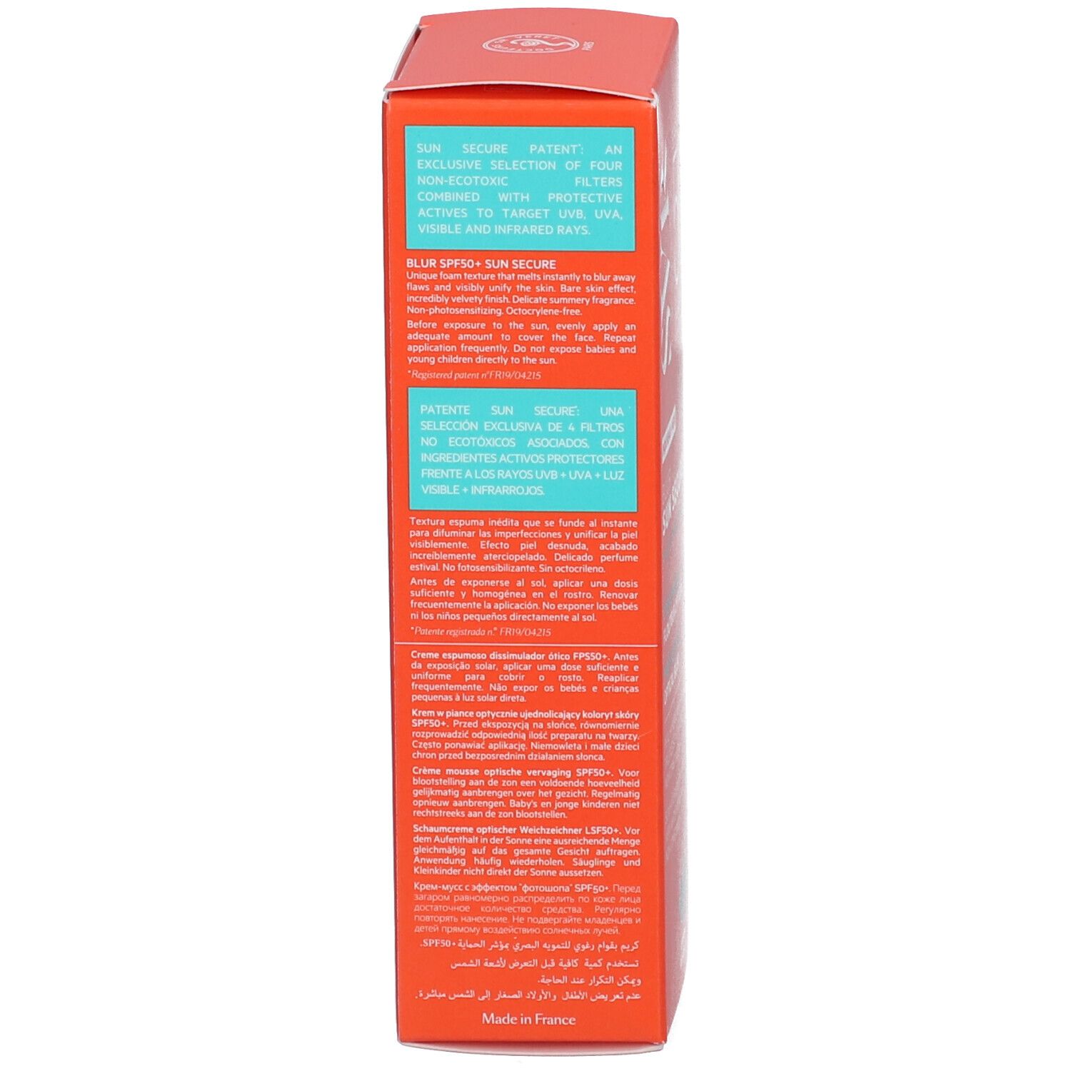 Rückseite der SVR Sun Secure Blur LSF50+ Schachtel. Text in mehreren Sprachen. SPF 50+.