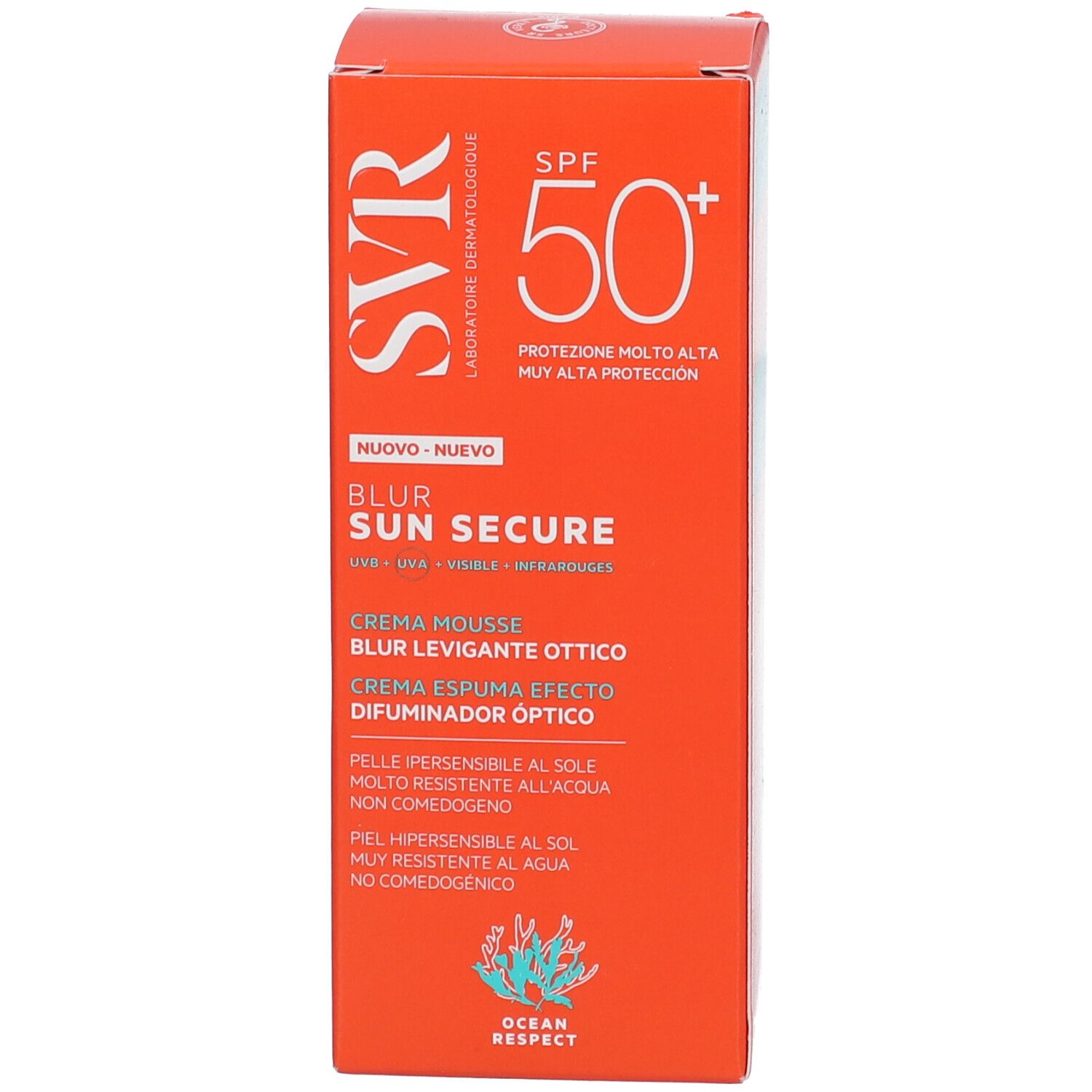 SVR Sun Secure Blur LSF50+ Schachtel. Text: Blur, Creme Mousse, SPF 50+. In mehreren Sprachen.