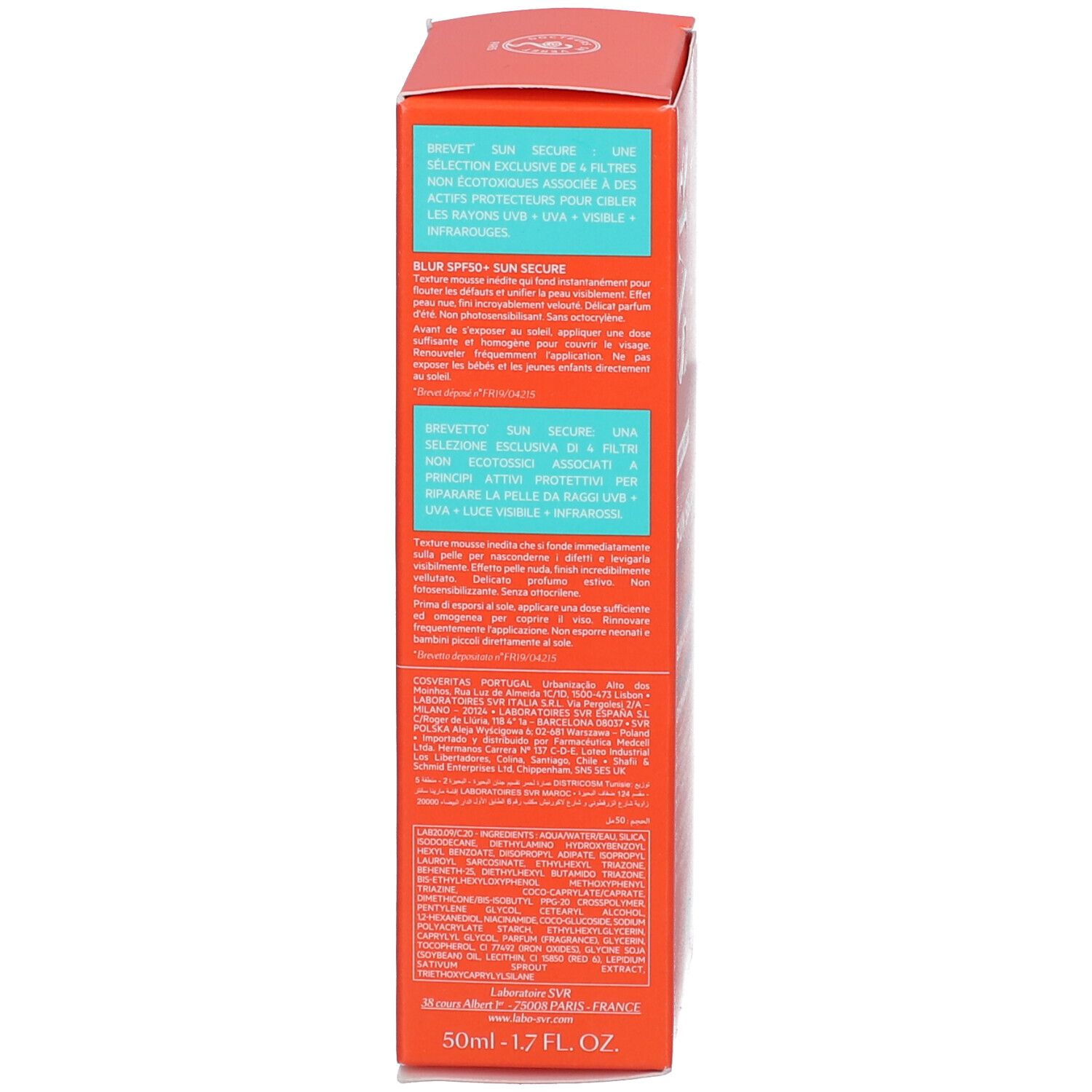 Rückseite der SVR Sun Secure Blur LSF50+ Schachtel. Text in mehreren Sprachen. SPF 50+.