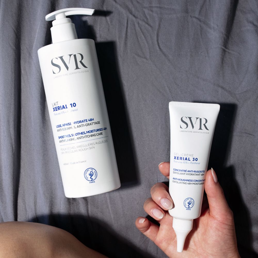 Deux produits: SVR XERIAL 10 et XERIAL 30. Les deux blancs avec pompe et tube.