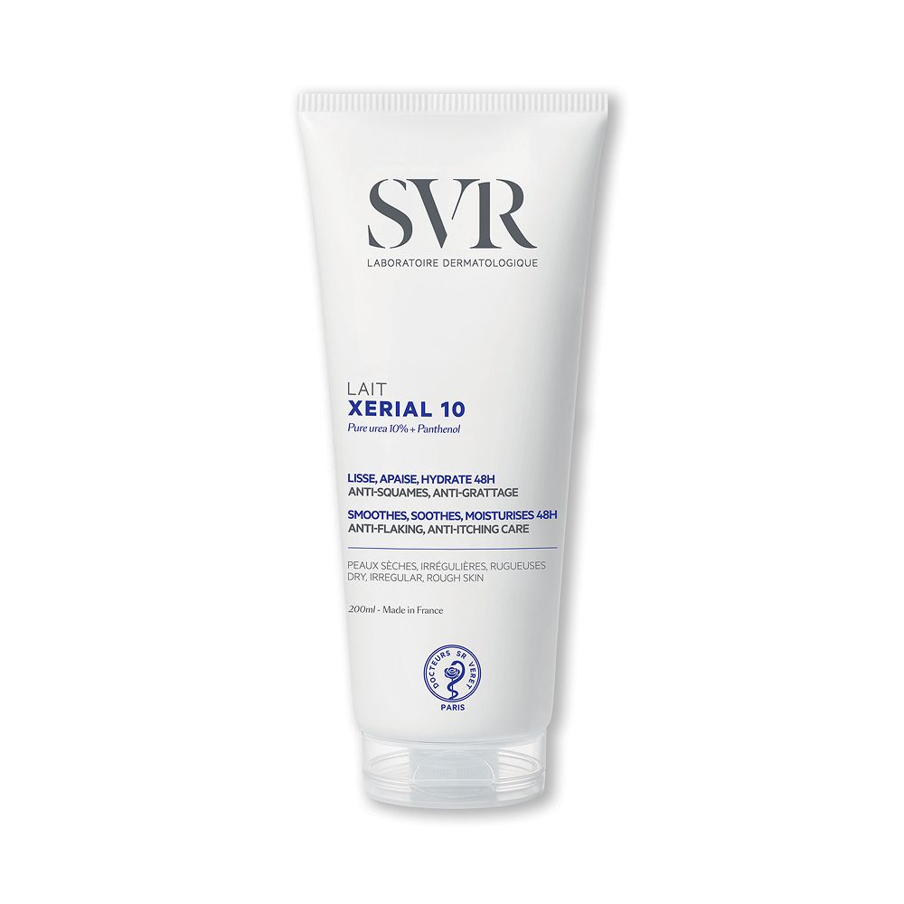 Tube blanc SVR XERIAL 10. Texte: Lisse, apaise, hydrate 48H. Pour peaux sèches, irrégulières, rugueuses.