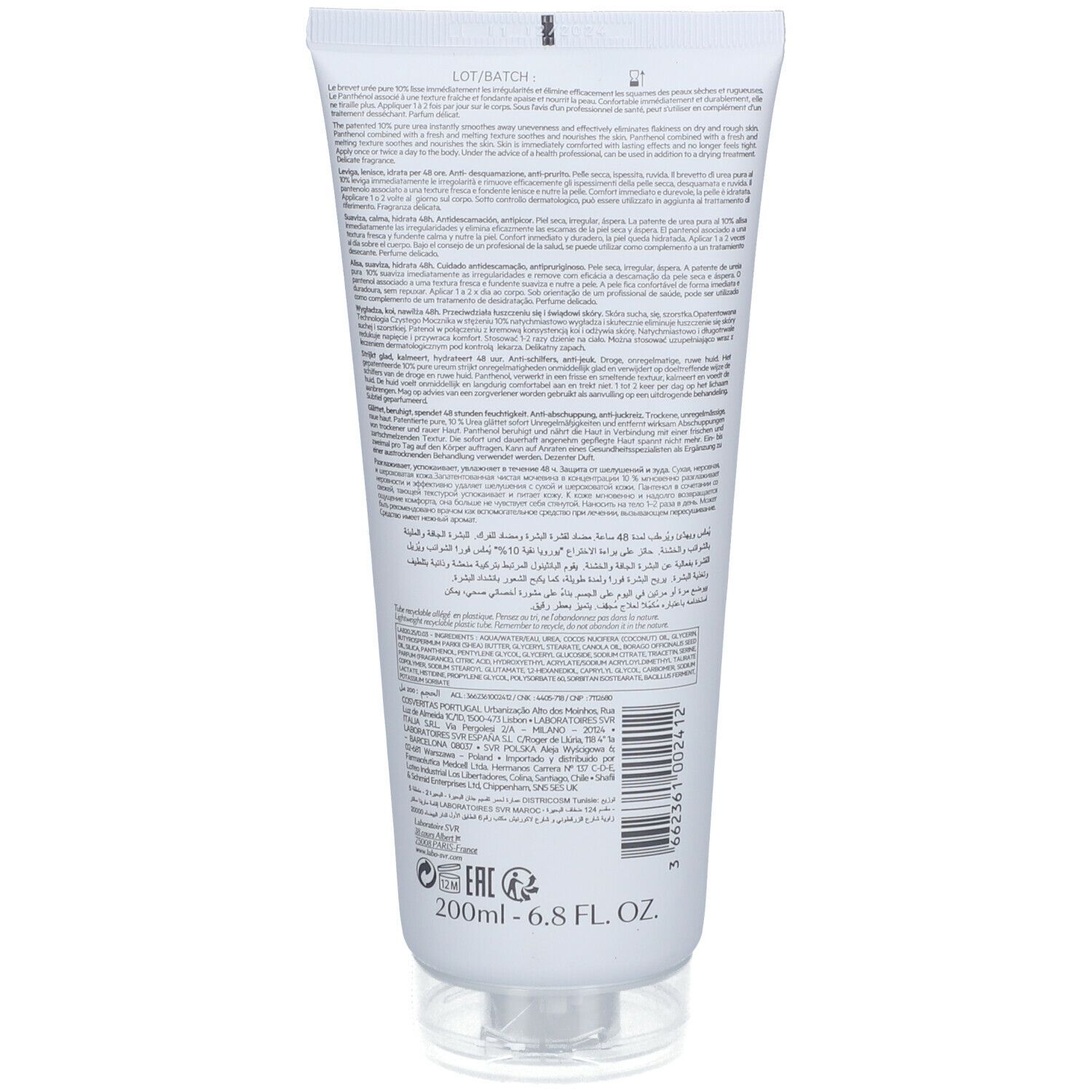 Dos d'un tube blanc. Texte avec informations produit et code-barres. En bas: 200ml - 6.8 FL. OZ.