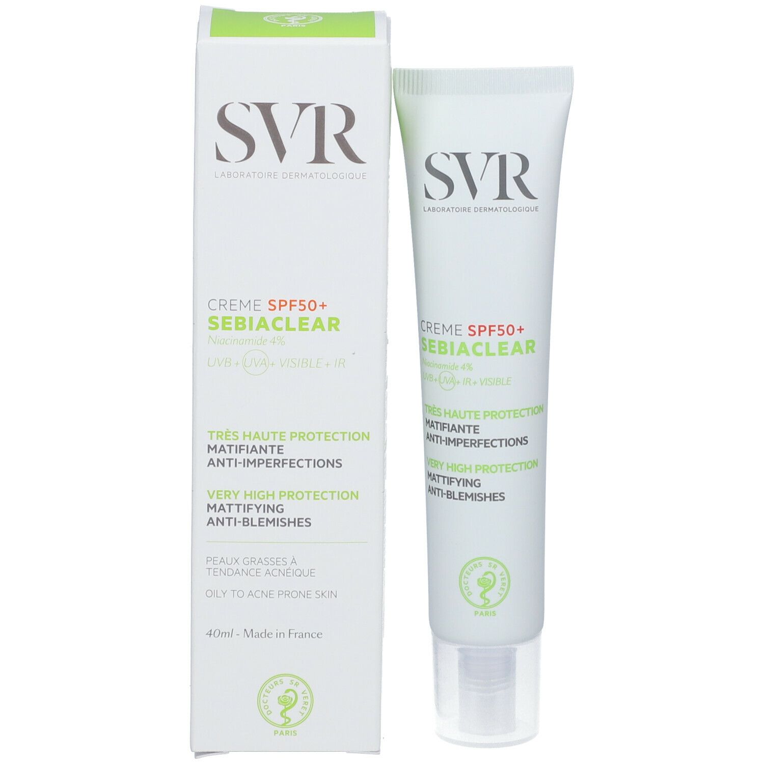 Product en verpakking. Witte tube en doos. SVR-logo. Crème SPF50+ SEBIACLEAR. Groene accenten.