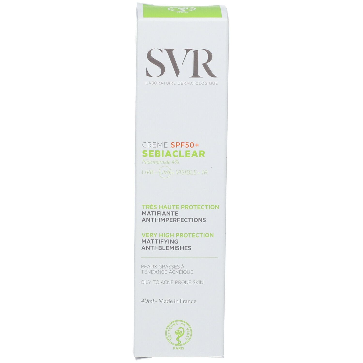 Witte doos met SVR-logo. Crème SPF50+ SEBIACLEAR. Groene accenten. Meertalige tekst.
