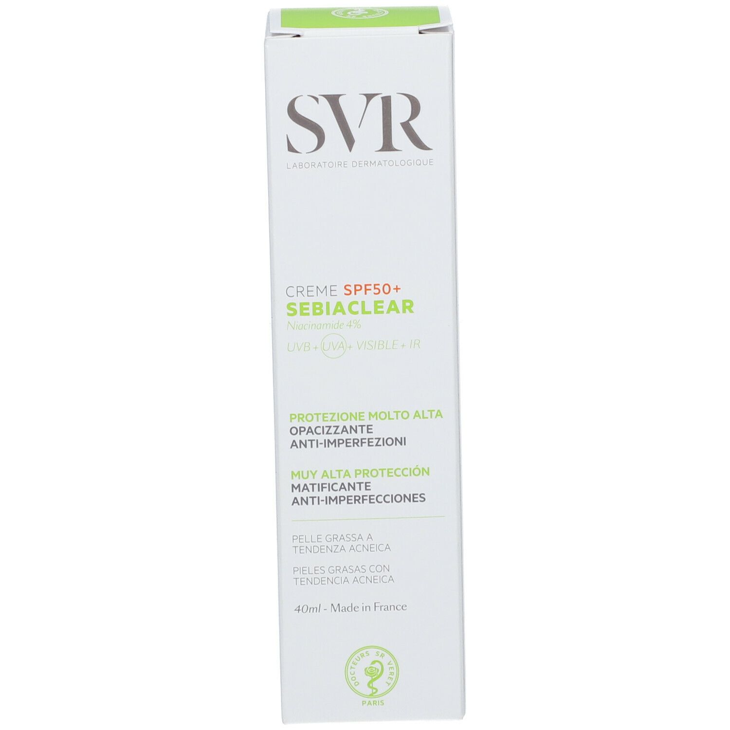 Zijkant van de doos. Meertalige tekst. SVR-logo. Crème SPF50+ SEBIACLEAR. Groene accenten.