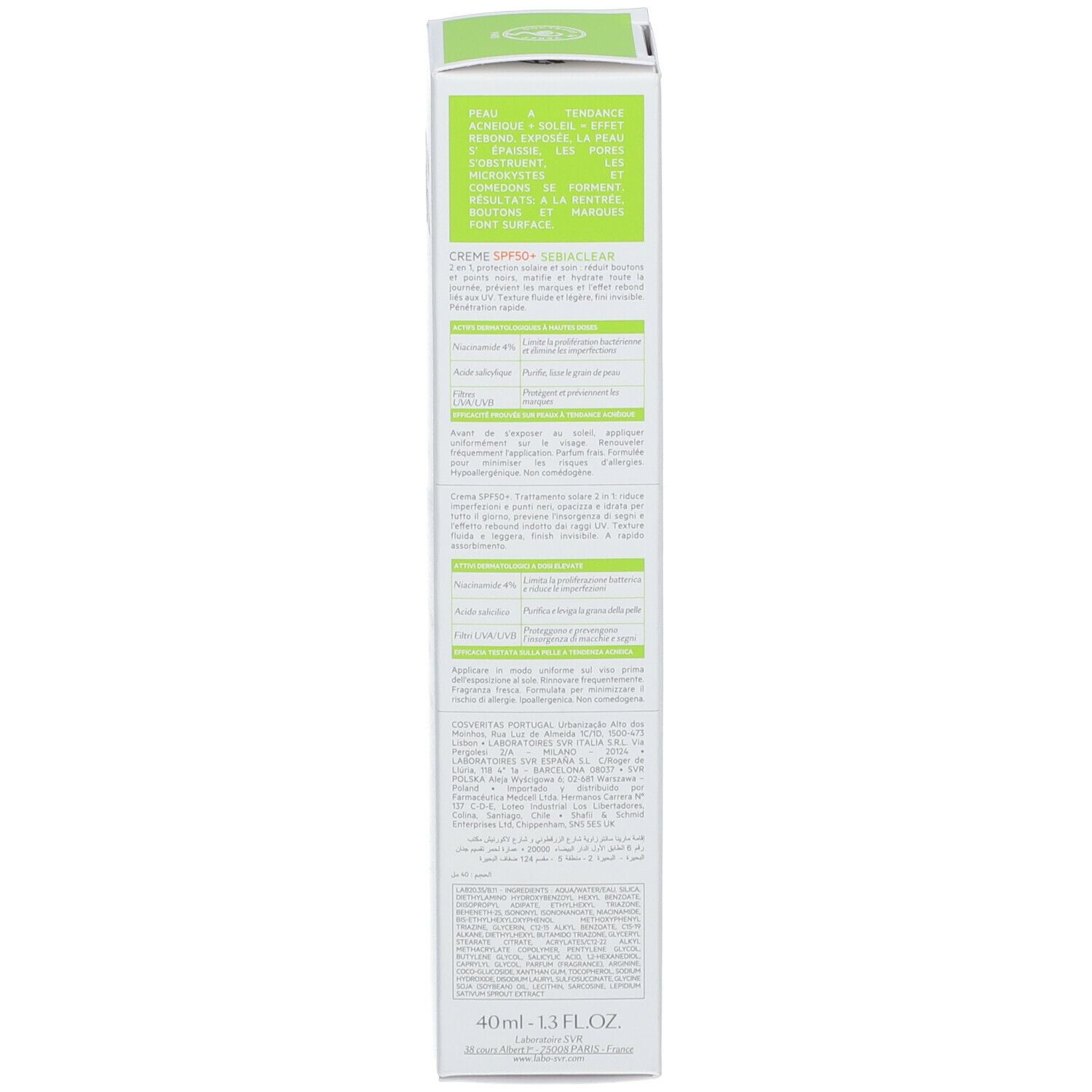 Zijkant van de doos. Meertalige tekst. SVR-logo. Crème SPF50+ SEBIACLEAR. Groene accenten.