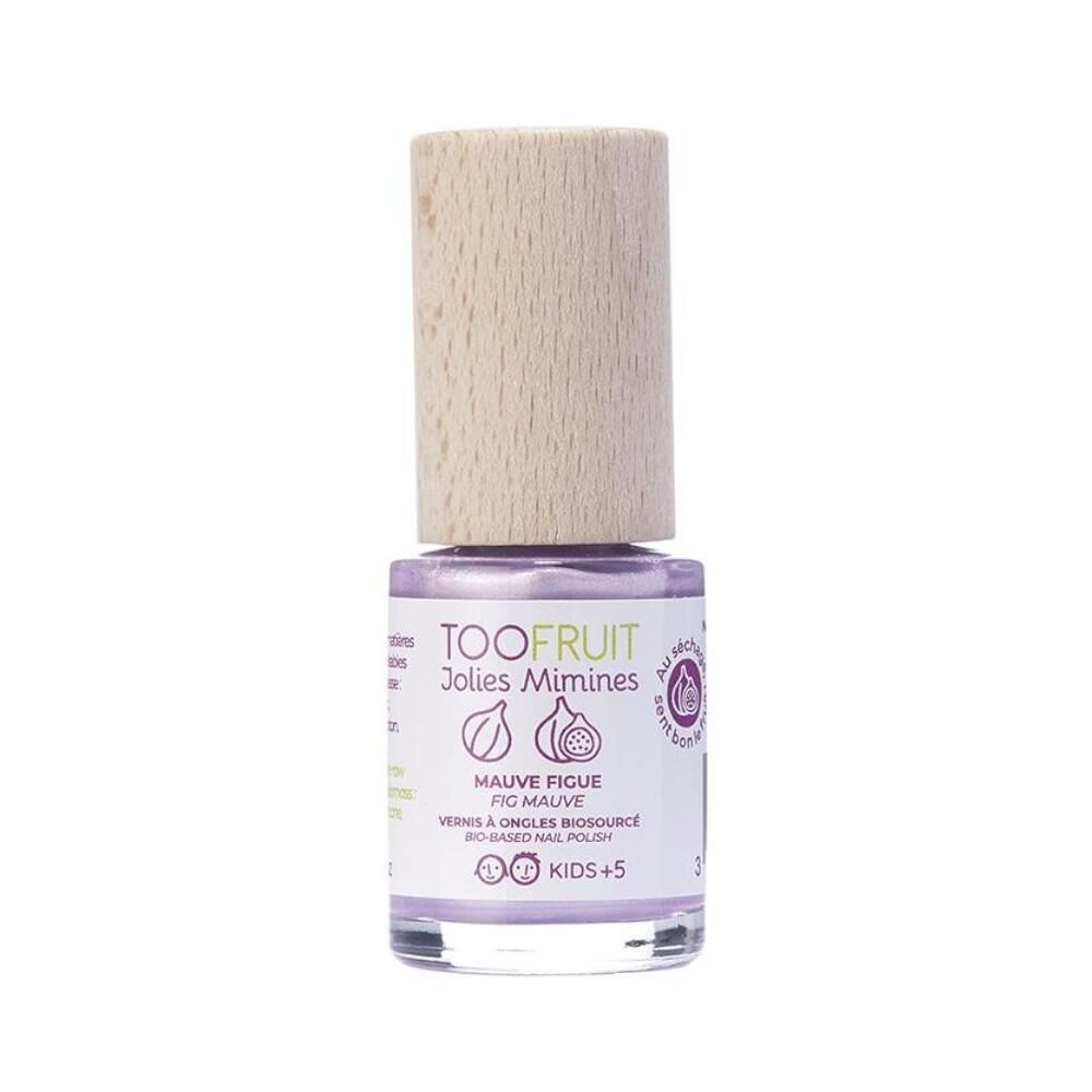 Nagellakfles met houten dop. Opschrift: TOOFRUIT Jolies Minimes, kleur Mauve Figue. Biosource-certificering.