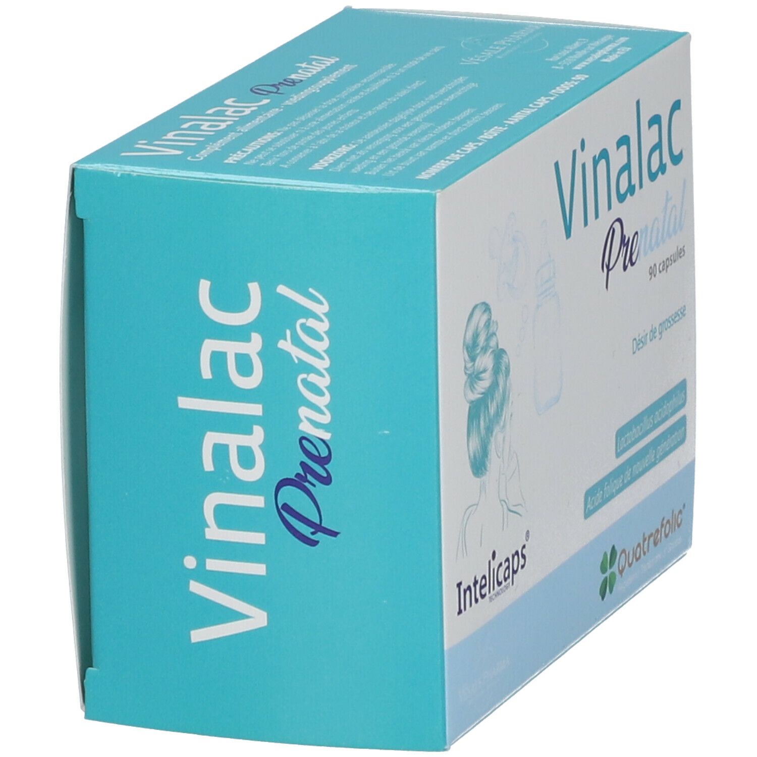 Vinalac Prenatal-Verpackung, seitliche Ansicht. Aufschrift: Vinalac Prenatal, Intelicaps. Enthält 90 Kapseln.