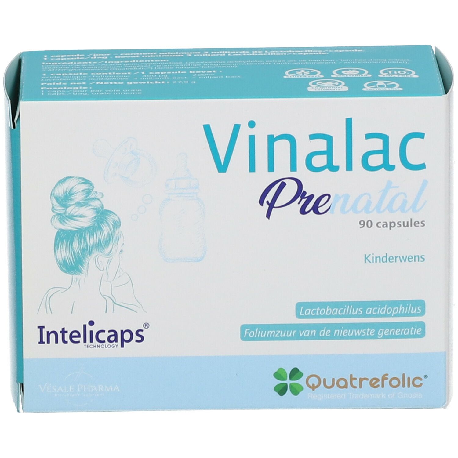 Vinalac Prenatal-Verpackung mit 90 Kapseln. Aufschrift: Intelicaps, Quatrefolic. Enthält Folsäure und Lactobacillus acidophilus.