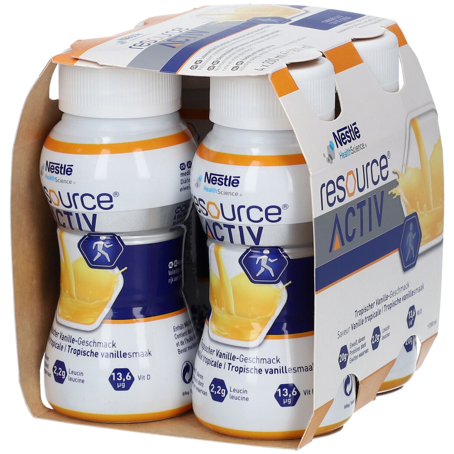 Verpakking met vier flessen. Twee flessen zichtbaar. Opschrift: Resource Activ, tropische vanillesmaak. Bevat 2,2g leucine, 13,6 µg vitamine D.