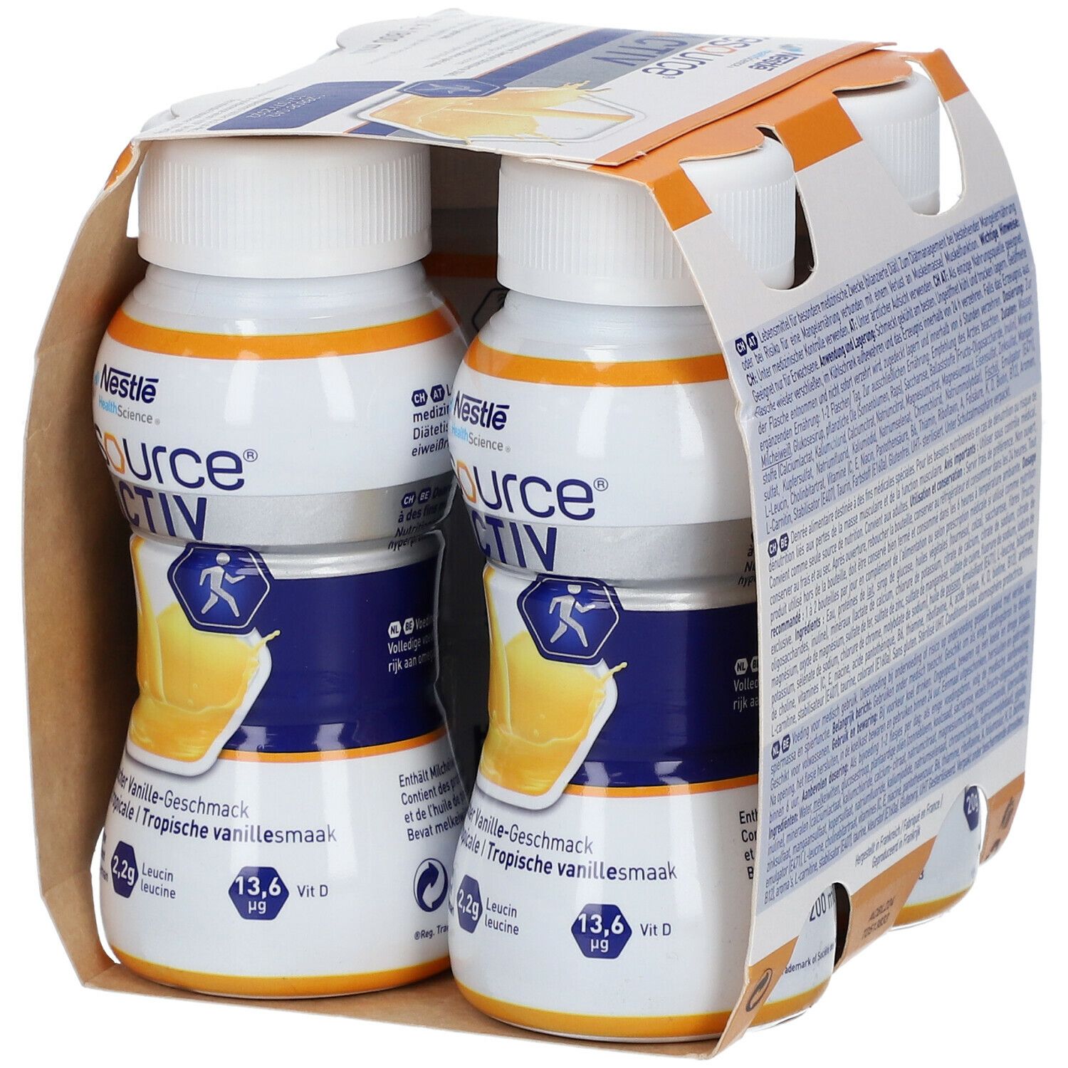 Verpakking met vier flessen. Twee flessen zichtbaar. Opschrift: Resource Activ, tropische vanillesmaak. Bevat 2,2g leucine, 13,6 µg vitamine D.