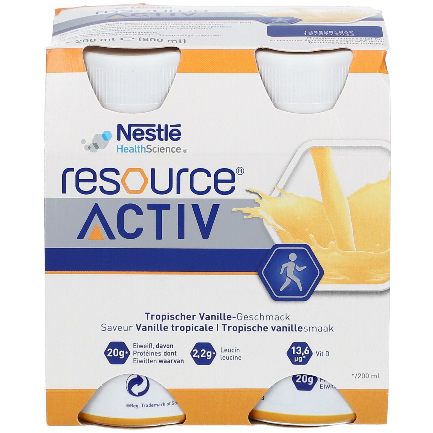 Enkele fles. Opschrift: Resource Activ, tropische vanillesmaak. Bevat 20g eiwit, 2,2g leucine, 13,6 µg vitamine D. Met logo.
