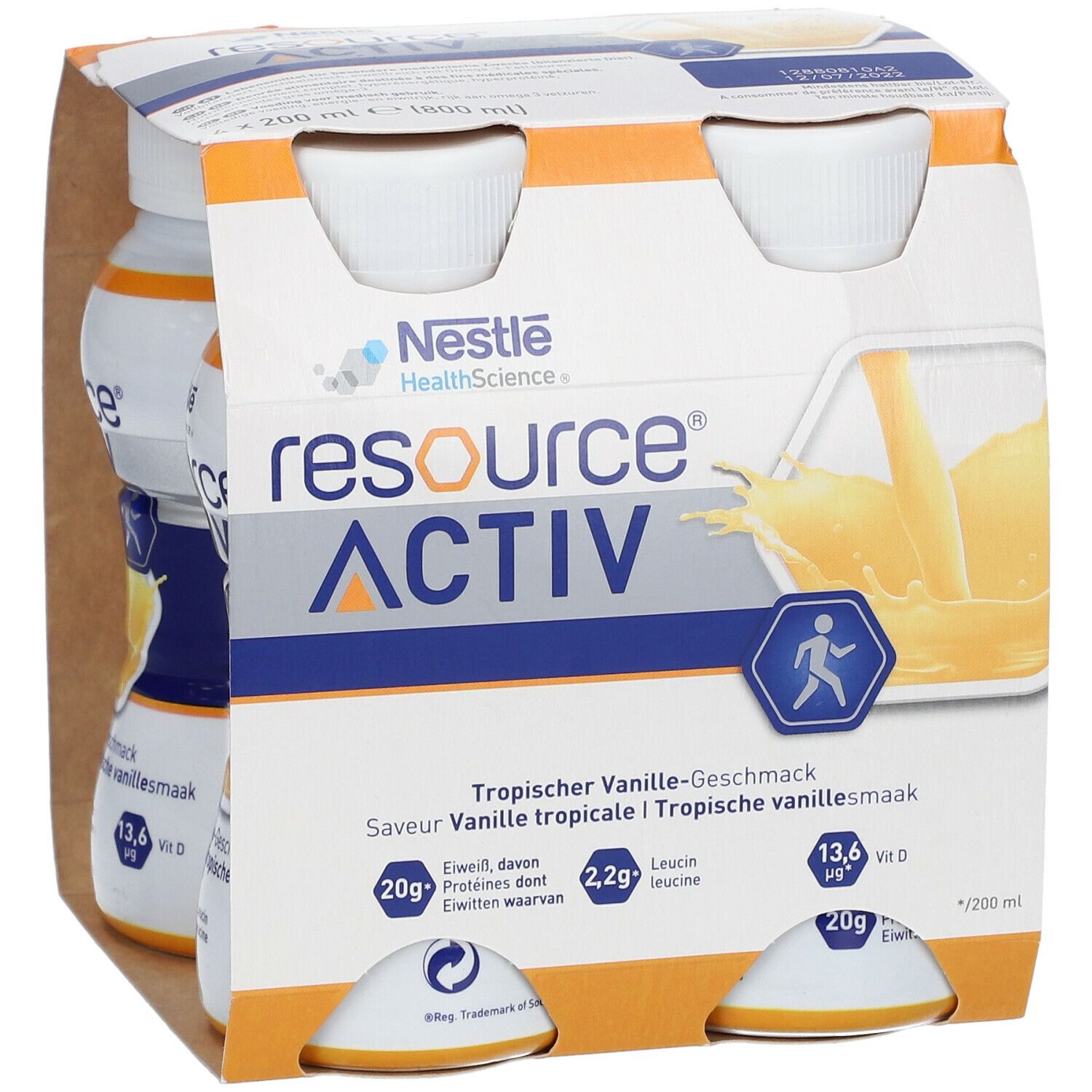 Verpakking met vier flessen. Opschrift: Resource Activ, tropische vanillesmaak. Bevat 20g eiwit, 2,2g leucine, 13,6 µg vitamine D.