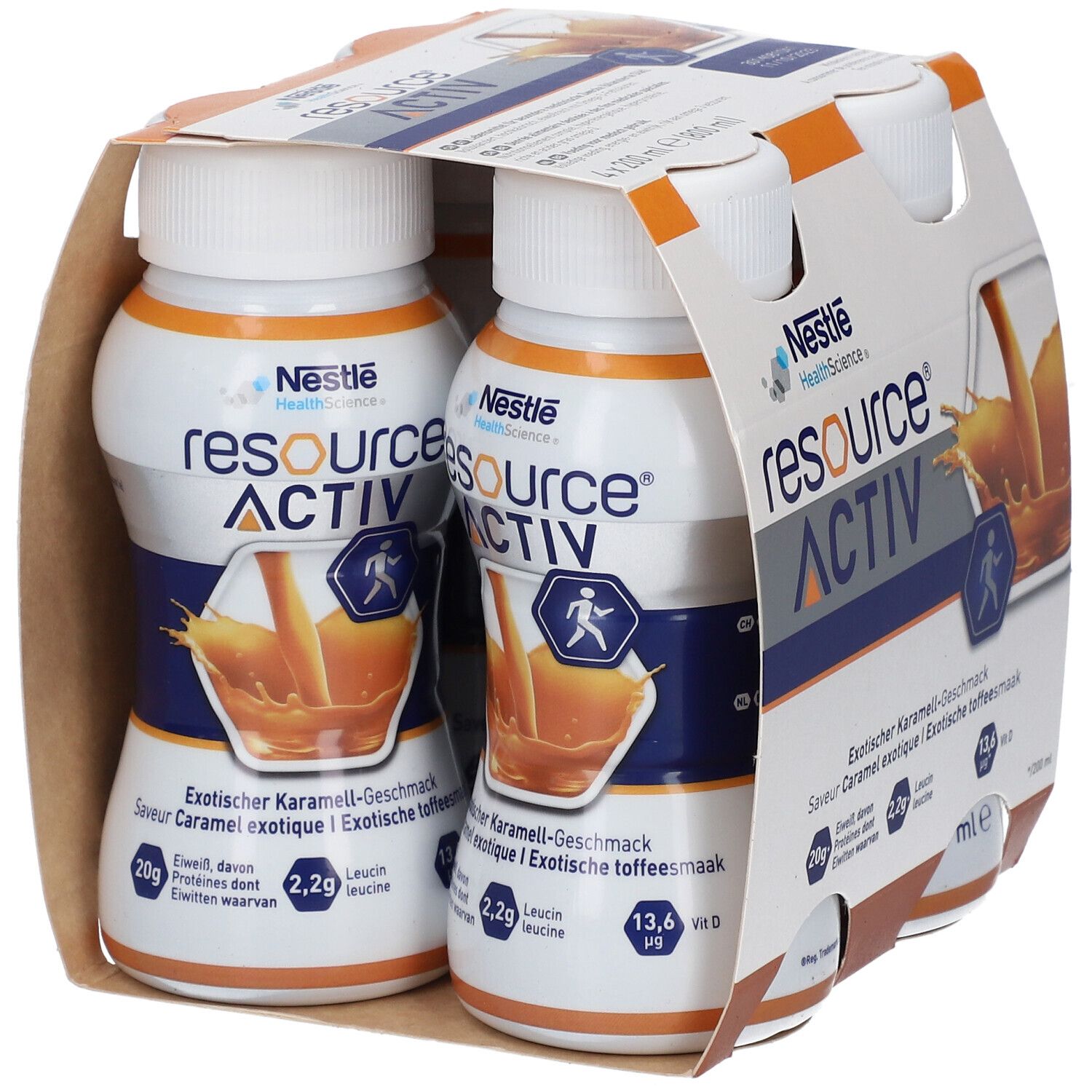 Verpakking met vier flessen. Opschrift: Resource Activ, exotische karamelsmaak. Bevat eiwitten, leucine en vitamine D.