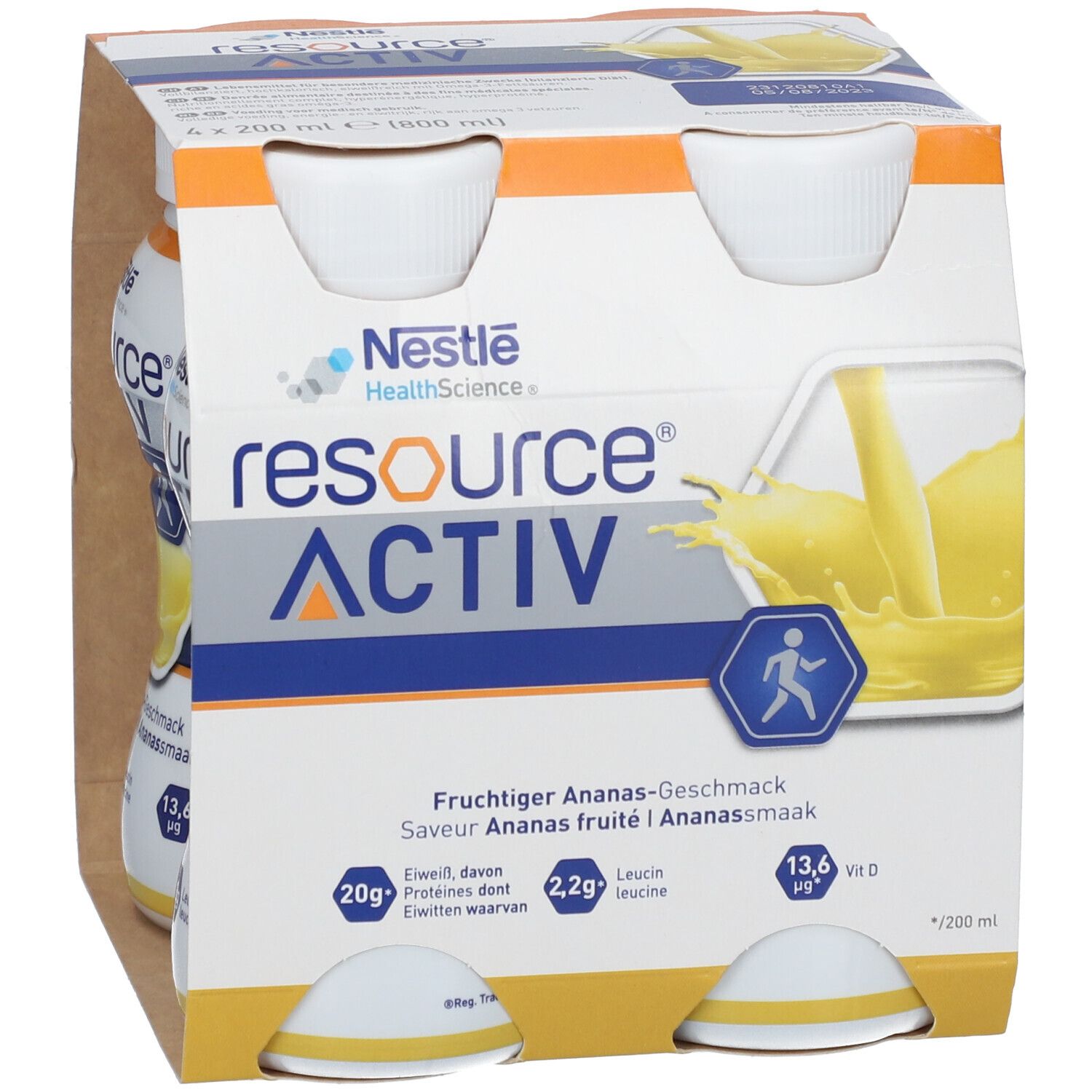 Verpakking met 6 flessen. Opschrift: resource ACTIV, ananassmaak. Met voedingswaarde-informatie.