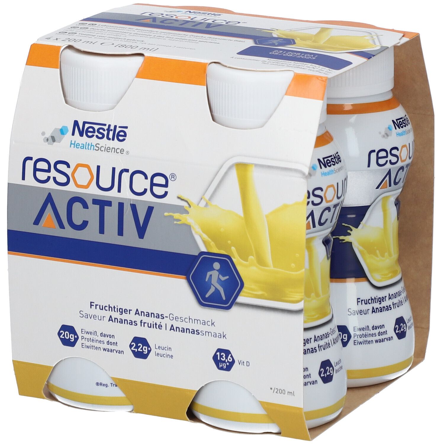 Verpakking met 4 flessen. Opschrift: resource ACTIV, ananassmaak. Met voedingswaarde-informatie.
