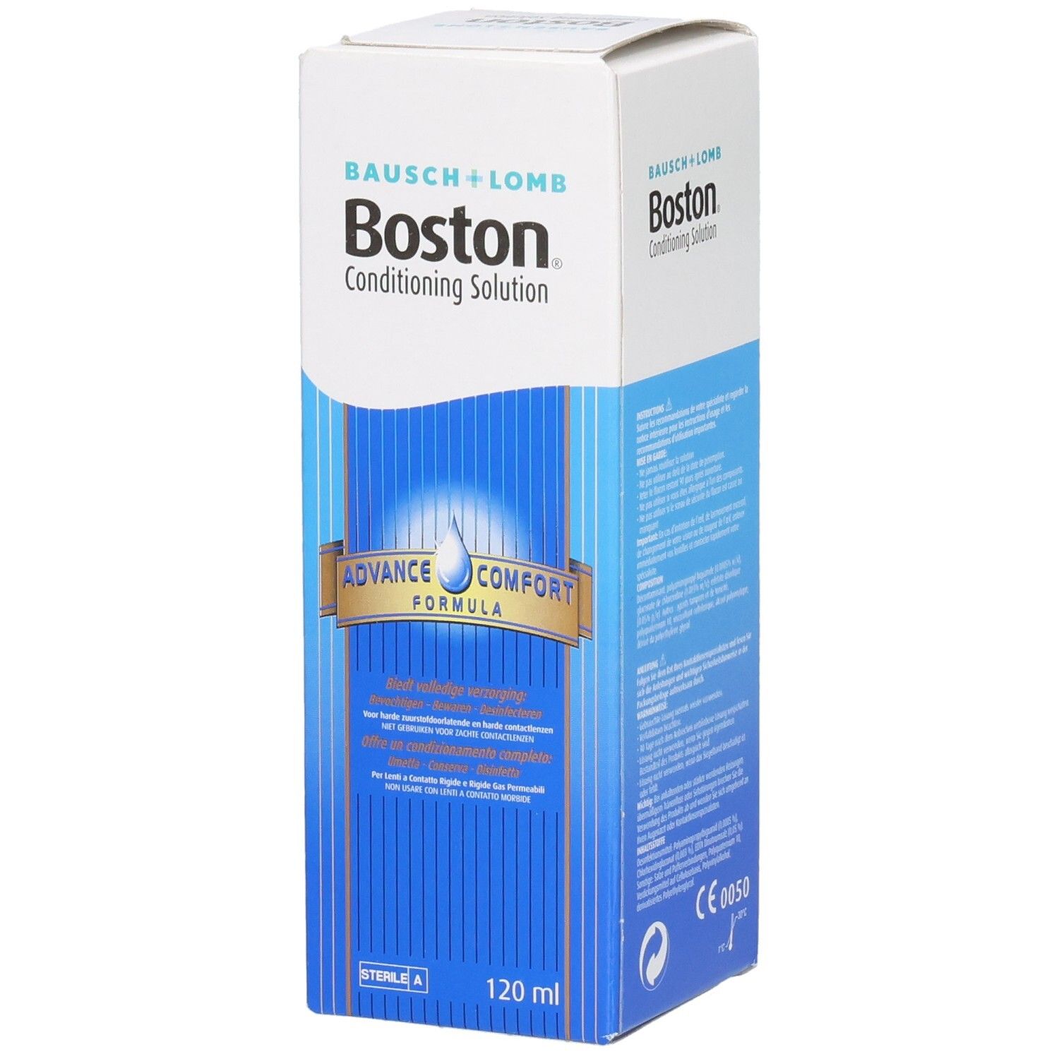 Verpackung von Boston Conditioning Solution. Weiß und blau, mit Produktnamen und Logo. Enthält 120 ml.