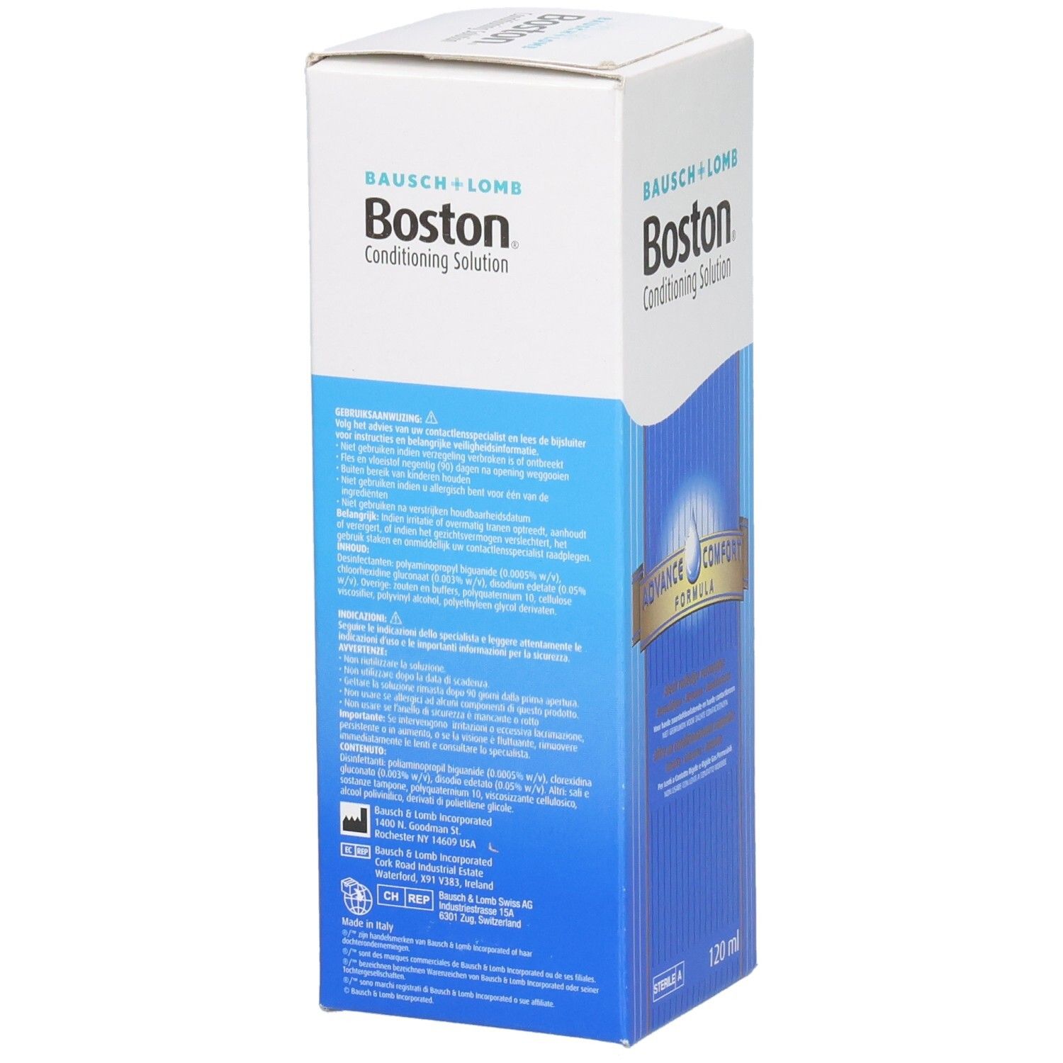 Seitenansicht der Boston Conditioning Solution Verpackung. Weiß und blau, mit Produktnamen und Text. Enthält 120 ml.