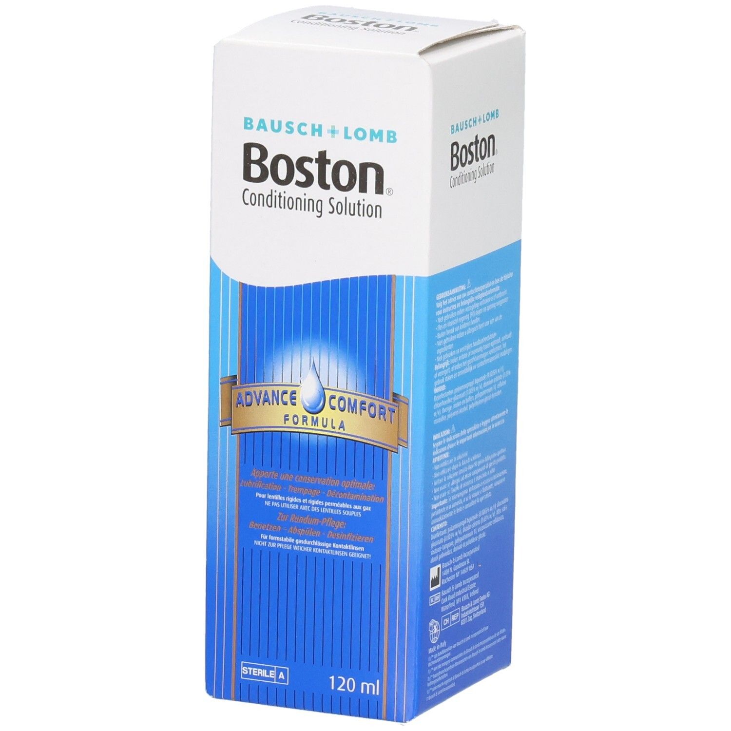 Verpackung von Boston Conditioning Solution. Weiß und blau, mit Produktnamen und Logo. Enthält 120 ml.