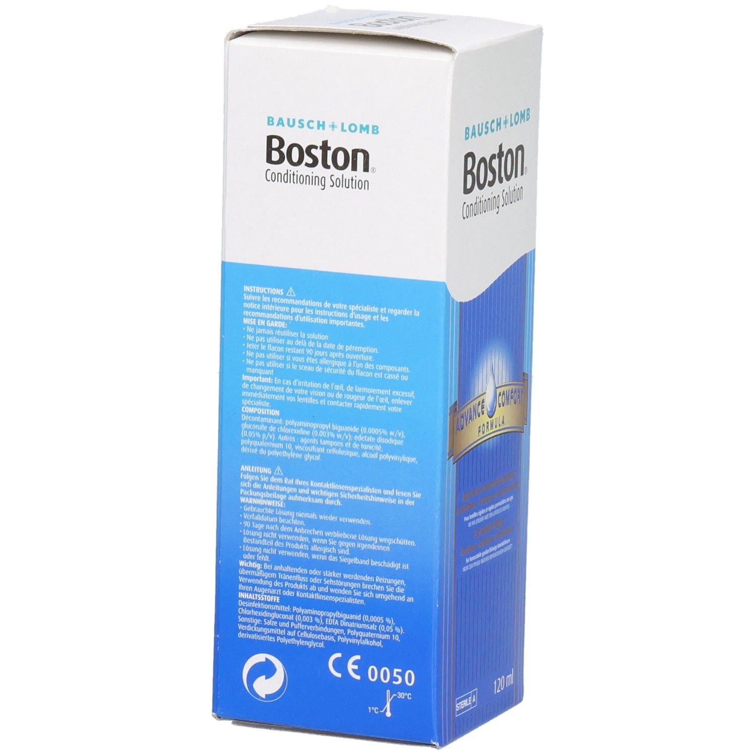 Seitenansicht der Boston Conditioning Solution Verpackung. Weiß und blau, mit Produktnamen und Text. Enthält 120 ml.