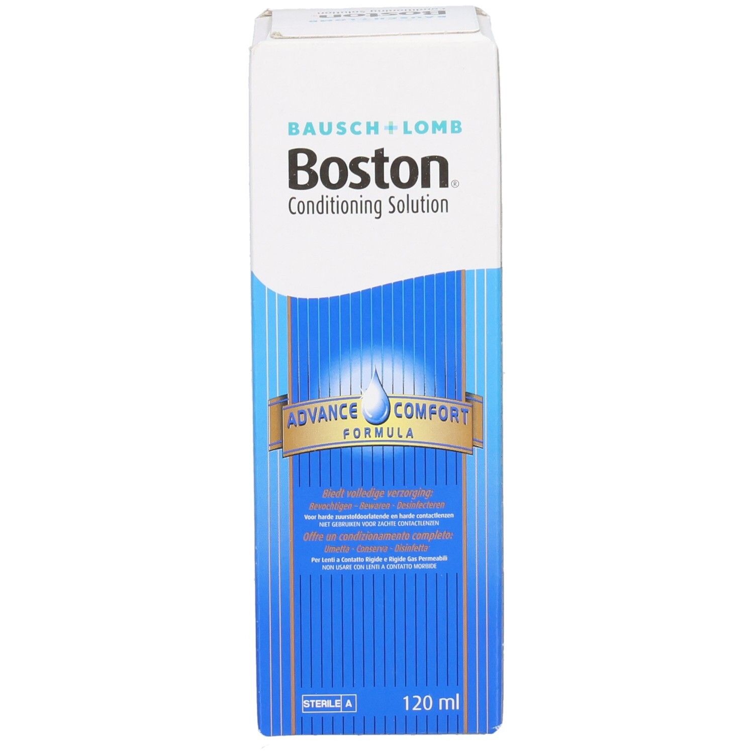 Verpackung von Boston Conditioning Solution. Weiß und blau, mit Produktnamen und Logo. Enthält 120 ml.