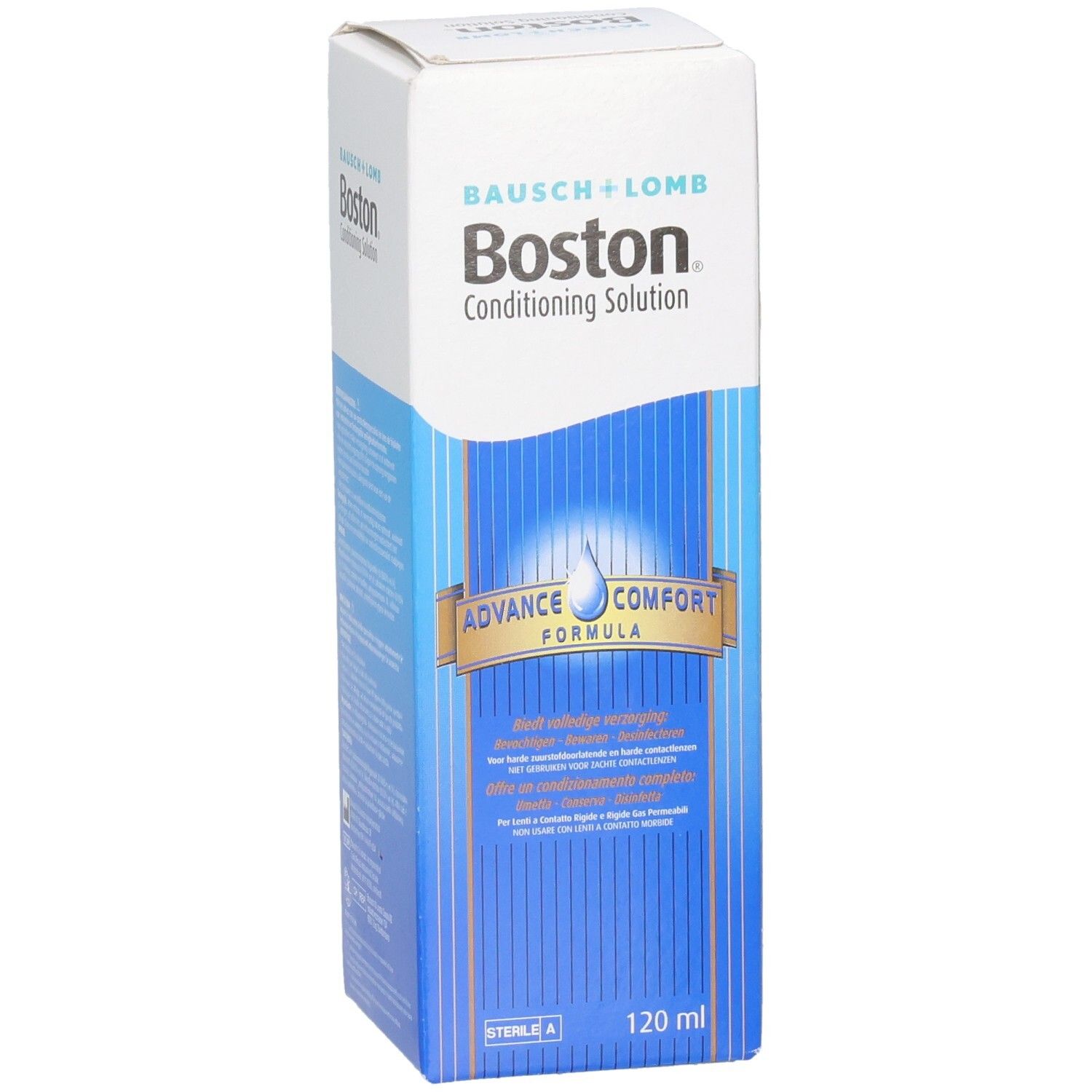 Verpackung von Boston Conditioning Solution. Weiß und blau, mit Produktnamen und Logo. Enthält 120 ml.