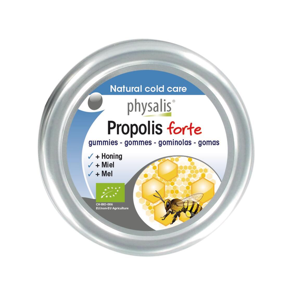 Boîte ronde avec inscription "Physalis Propolis forte". Illustration d'abeille et de miel. Label bio.