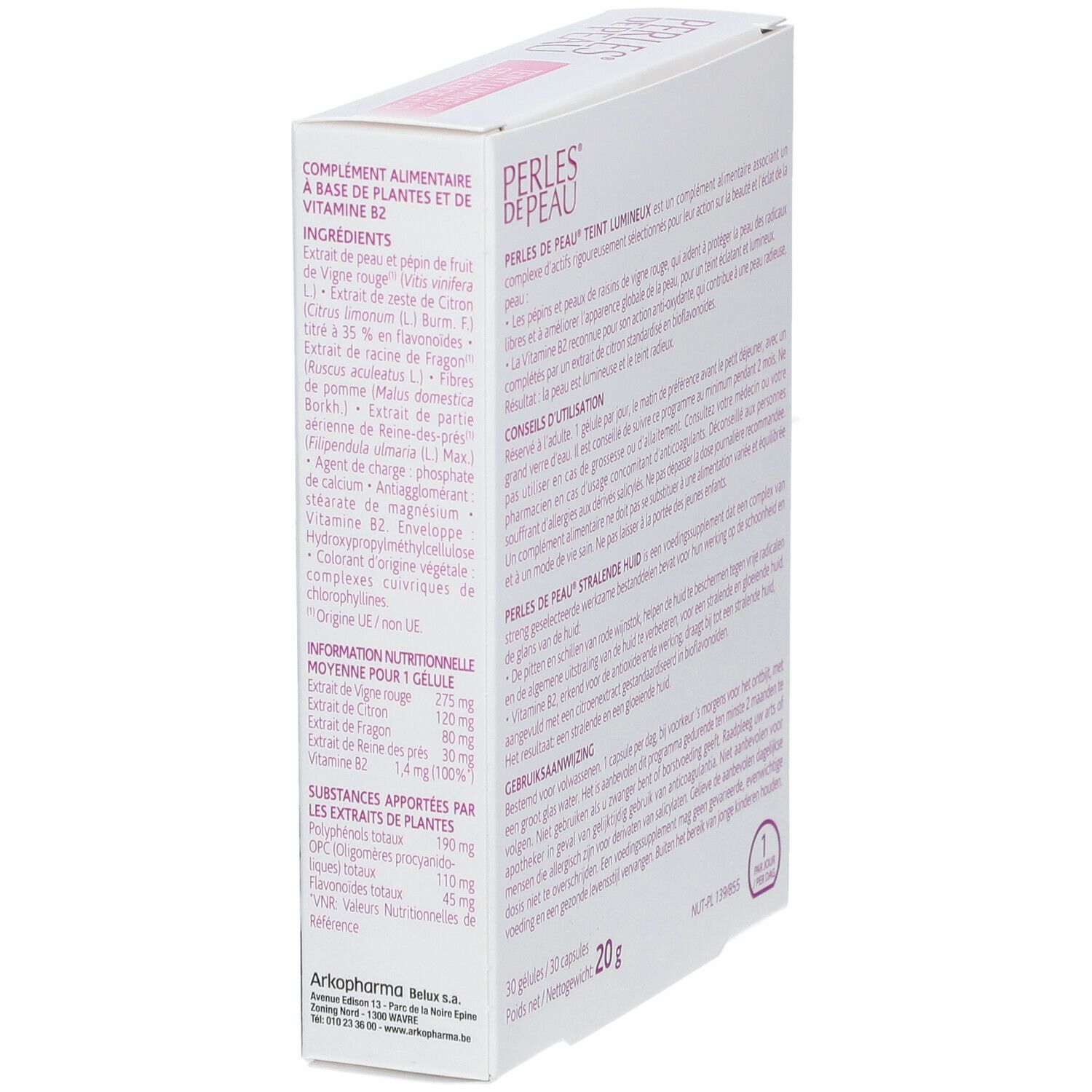Dos de la boîte Arkopharma PERLES DE PEAU®. Texte en français et néerlandais. Contient 30 gélules. Poids : 20g.